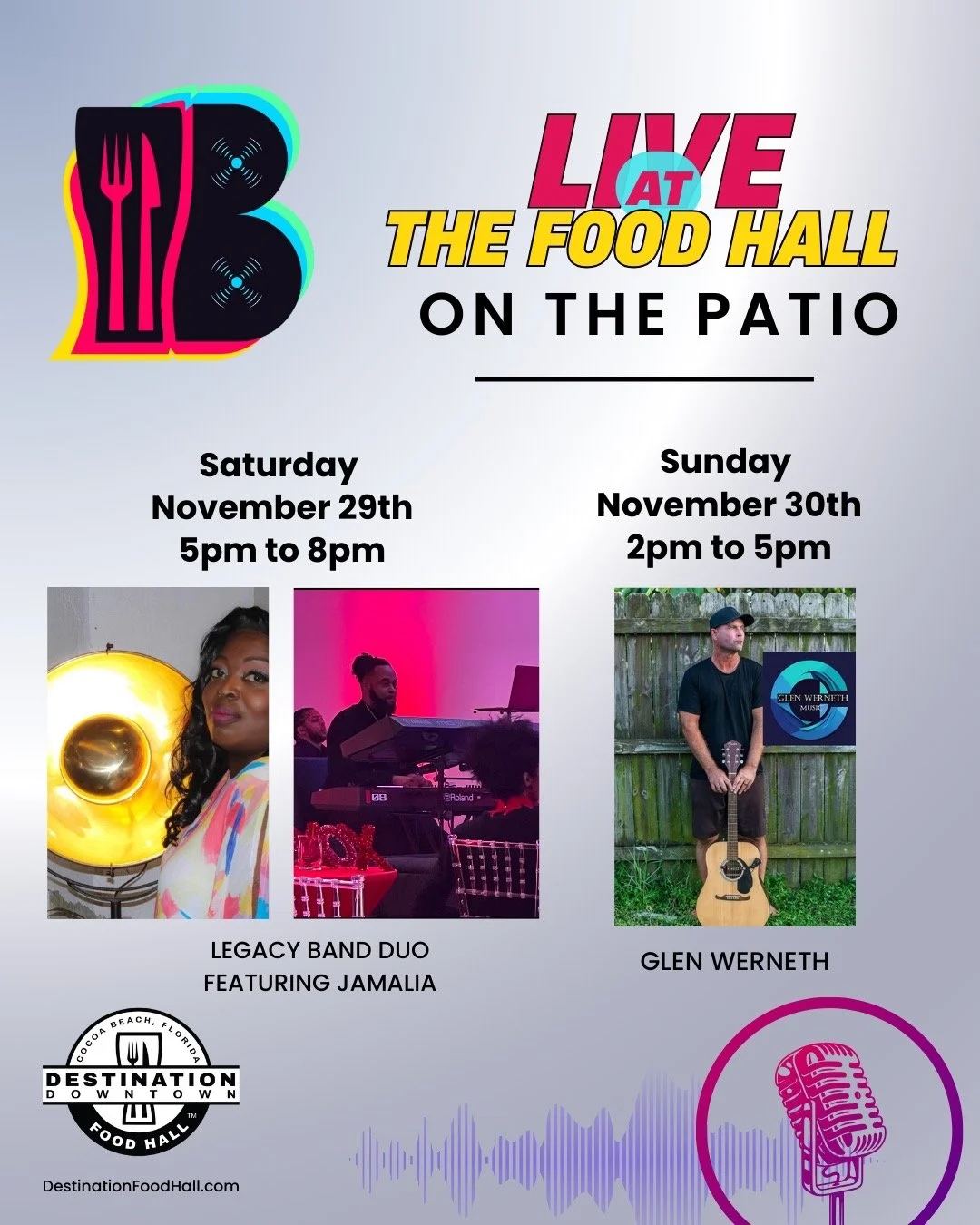🎶 LIVE MUSIC WEEKEND 🎶
at The Food Hall on the Patio

Join us for two unforgettable shows featuring⬇️

📍 The Food Hall
Legacy Band Duo with Jamalia 🎤✨
SAT &bull; Nov 29 &bull; 5PM&ndash;8PM
Glen Werneth 
SUN &bull; Nov 30 &bull; 2PM&ndash;5PM

Go