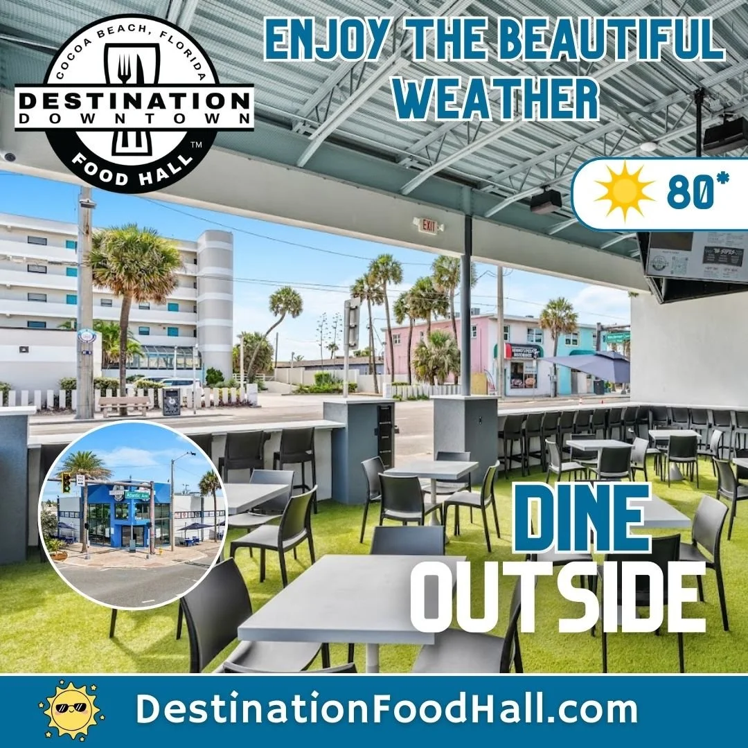 Destination Downtown Food Hall offers the perfect place to enjoy the beautiful Cocoa Beach weather while dining outside. Guests can relax in the open air, take in the coastal views, and enjoy food and drinks from multiple local vendors all in one des