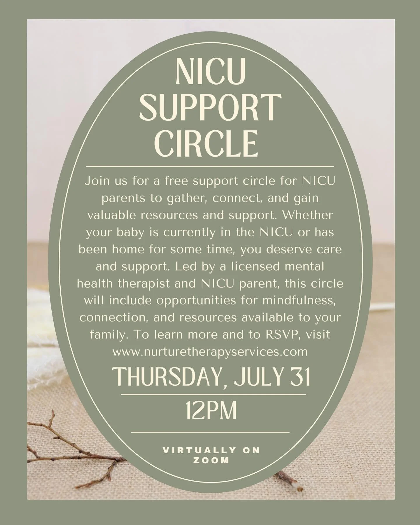 Join me for a free NICU Support Circle on Thursday, July 31st 🤍

Whether your baby is currently in the NICU or has been home for some time, you deserve care, support, and connection. This gathering will provide opportunities for grounding, mindfulne