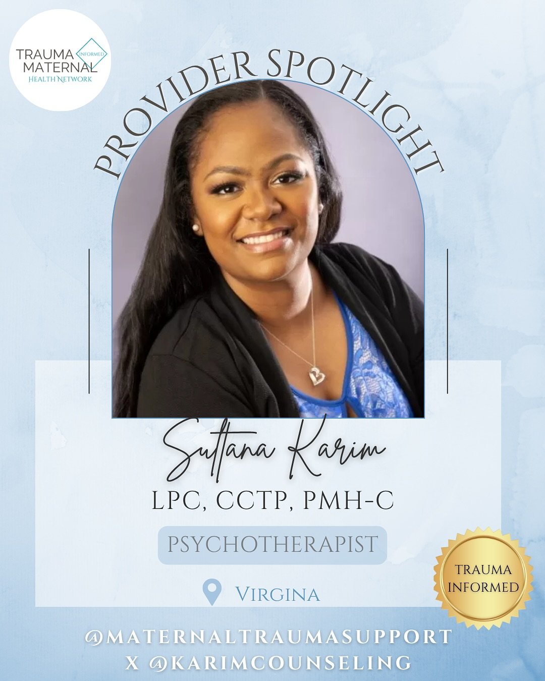 Taking a moment to highlight one of our incredible providers, Sultana Karim! She has experience working with grief and loss, birth trauma, parenthood adjustments, and postpartum women. She is trained in EMDR, IFS, DBT, and is even a yoga teacher! We&