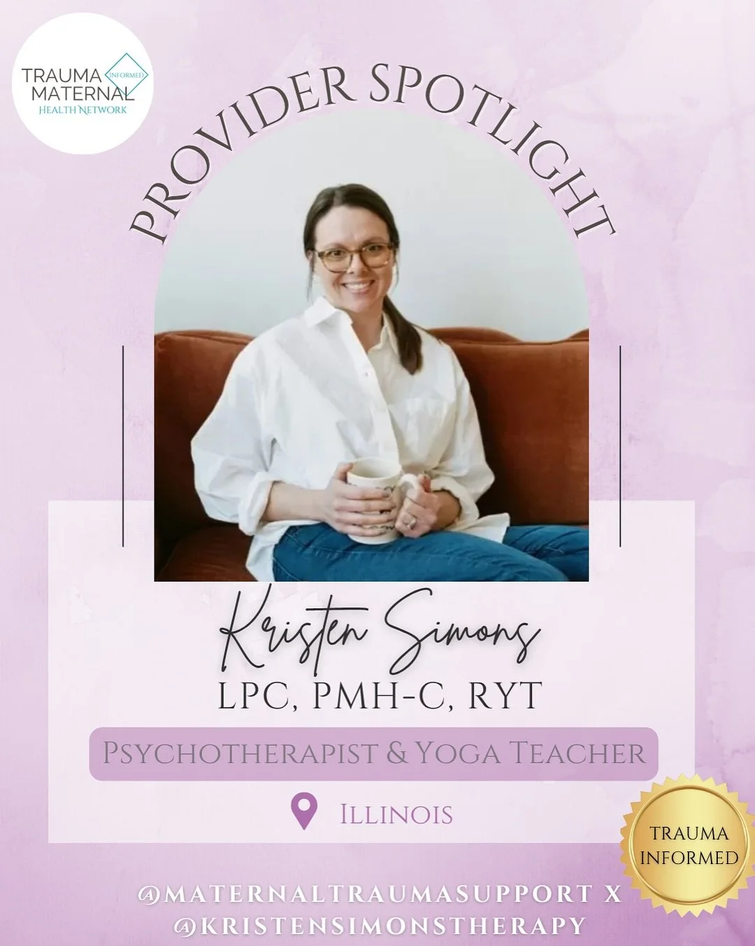 Check out this week&rsquo;s featured provider, Kristen Simons (@kristensimonstherapy )! Kristen is a Licensed Yoga Teacher and Licensed Professional Counselor who holds a specialized certification in Perinatal Mental Health! We&rsquo;re so grateful t