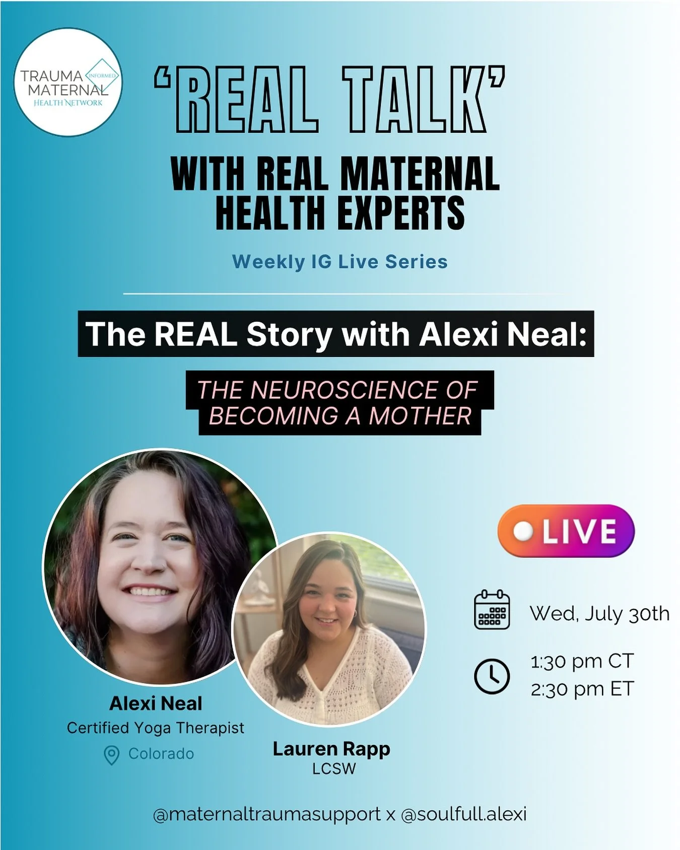 Tune in this Wednesday at 1:30pm CT/ 2:30pm ET to catch the conversation between Lauren Rapp (@perinatal_psychotherapist ) and Alexi Neal (@soulfull.alexi )! 🤩📲

Alexi Neal is a multi-disciplinary healer! She is an Internationally Certified Yoga Th