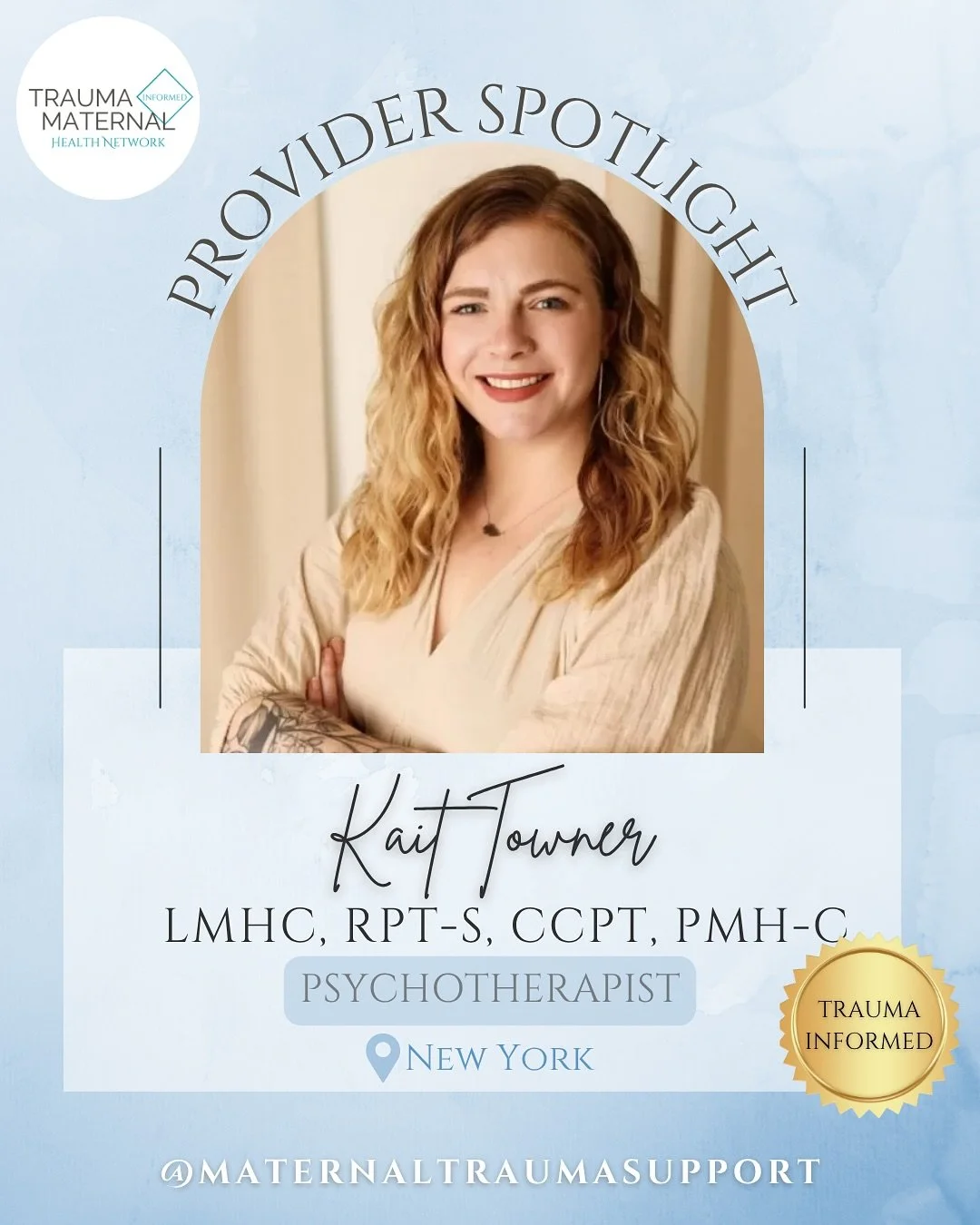 Highlighting another one of our incredible providers today, Kait Towner! She is an LMHC based in NY and specializes not only in perinatal mental health, but is a registered play therapist! We&rsquo;re so grateful to have such an incredible provider l