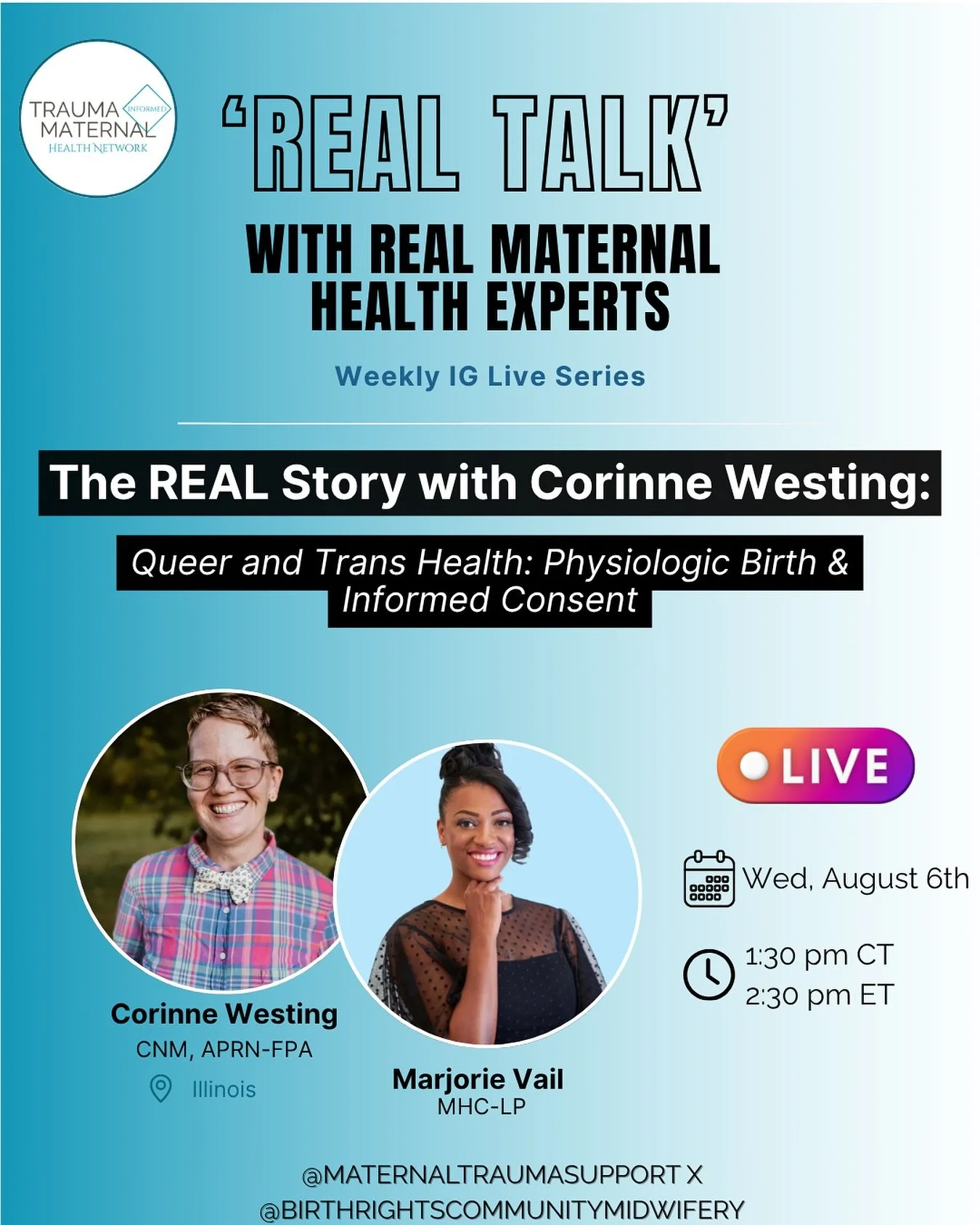 Tune in this Wednesday, August 6th to catch Marjorie Vail (@marjorievail ) interview Corinne Westing (@birthrootscommunitymidwifery )! 📲🤍

Corinne is a Certified Nurse Midwife and an advocate for healthcare for all, ensuring that ALL birthing peopl