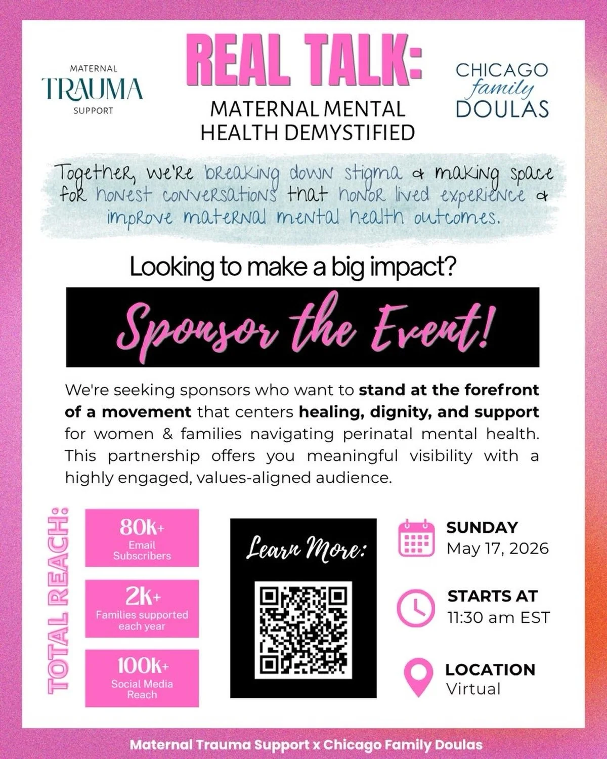 We have a big event coming up! 

In honor of May (Maternal Health Awareness Month), we are hosting Real Talk: Maternal Mental Health Demystified in partnership with Chicago Family Doulas on Sunday, May 17th, an event focused on breaking the stigma ar