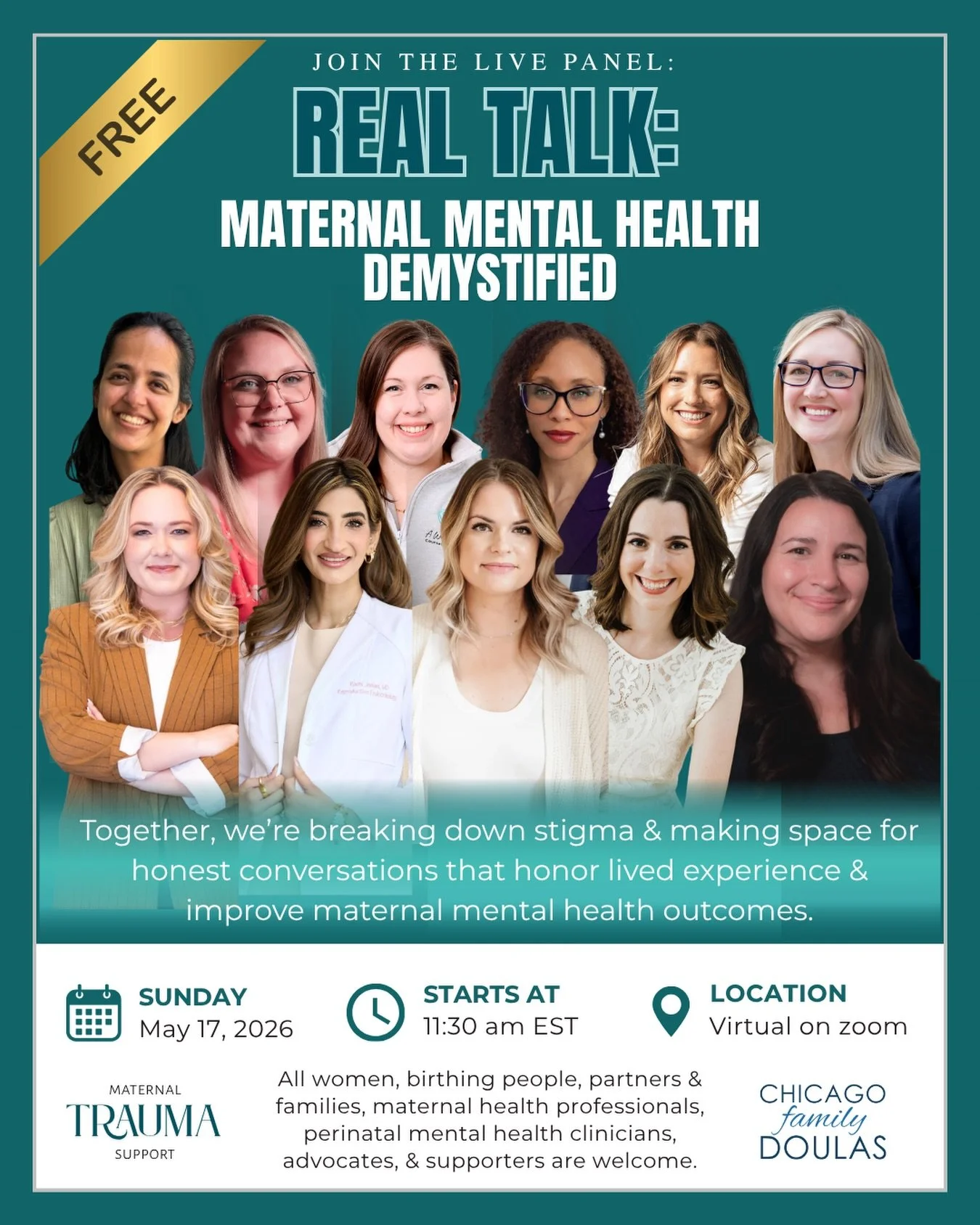 Join Maternal Trauma Support and Chicago Family Doulas for a FREE Maternal Mental Health Panel on 5/17!

📅 Sunday, May 17, 2026
🕒 10:30am-12:30pm CST | 11:30am-1:30pm EST
📍 Virtual on Zoom
🎫 Cost: FREE!

Together, we&rsquo;re breaking down stigma