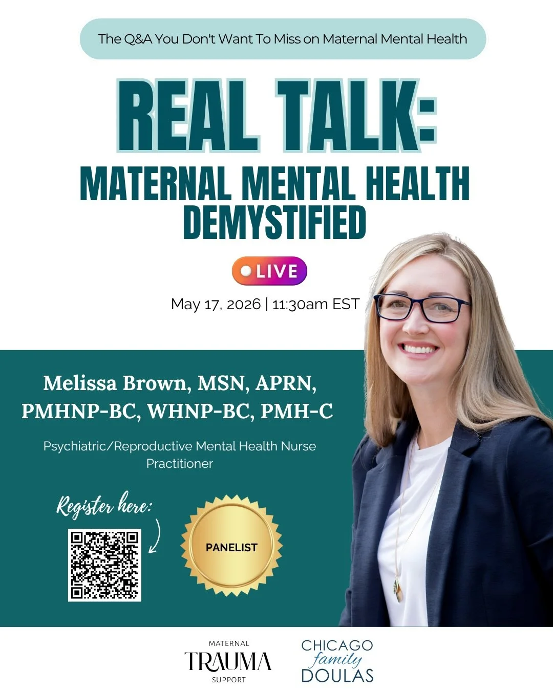 Join Maternal Trauma Support and Chicago Family Doulas for a FREE Maternal Mental Health Panel on 5/17!&nbsp;

📅 Sunday, May 17, 2026
🕒 10:30am-12:30pm CST | 11:30am-1:30pm EST
📍 Virtual on Zoom
🎫 Cost: FREE!

💜 We are thrilled to welcome Meliss