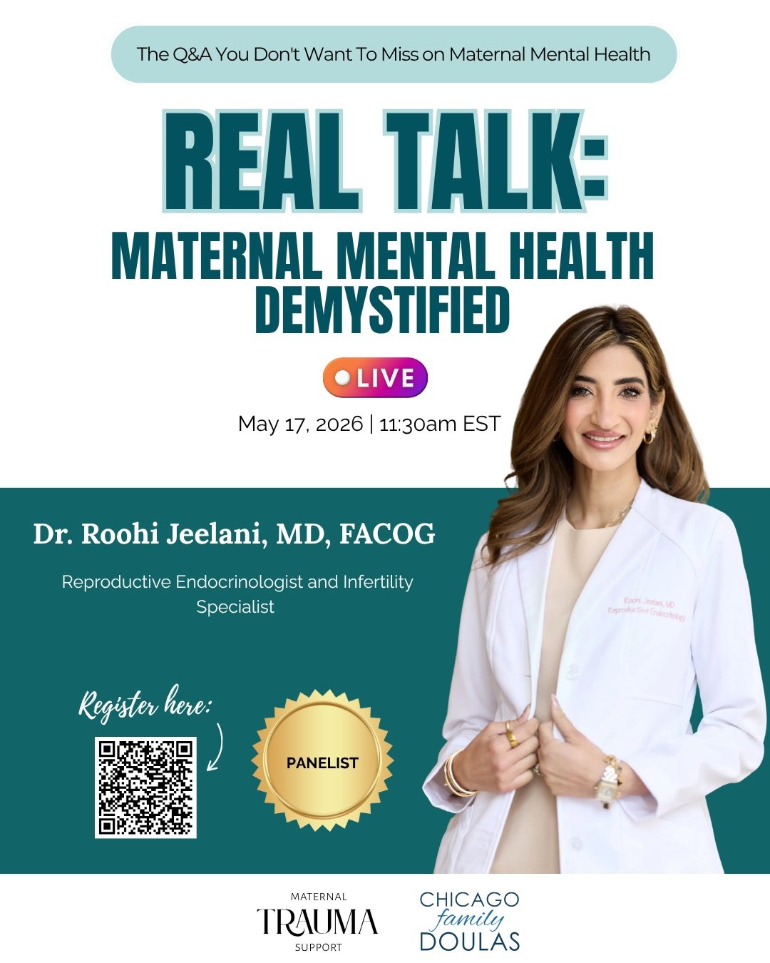 Join Maternal Trauma Support and Chicago Family Doulas for a FREE Maternal Mental Health Panel on 5/17!&nbsp;

📅 Sunday, May 17, 2026
🕒 10:30am-12:30pm CST | 11:30am-1:30pm EST
📍 Virtual on Zoom
🎫 Cost: FREE!

💜 We are thrilled to welcome Dr. Je