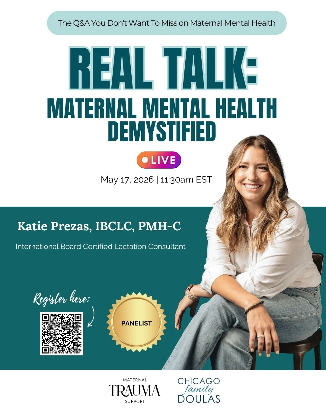 Join Maternal Trauma Support and Chicago Family Doulas for a FREE Maternal Mental Health Panel on 5/17!&nbsp;

📅 Sunday, May 17, 2026
🕒 10:30am-12:30pm CST | 11:30am-1:30pm EST
📍 Virtual on Zoom
🎫 Cost: FREE!

💜 We are thrilled to welcome Katie 
