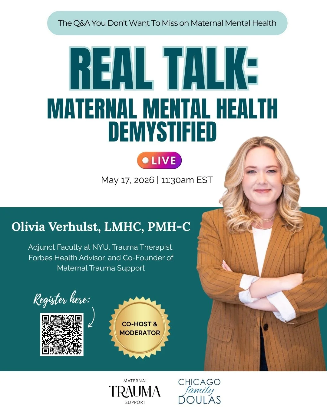 Join Maternal Trauma Support and Chicago Family Doulas for a FREE Maternal Mental Health Panel on 5/17!&nbsp;

📅 Sunday, May 17, 2026
🕒 10:30am-12:30pm CST | 11:30am-1:30pm EST
📍 Virtual on Zoom
🎫 Cost: FREE!!

💜 We are thrilled to welcome Olivi
