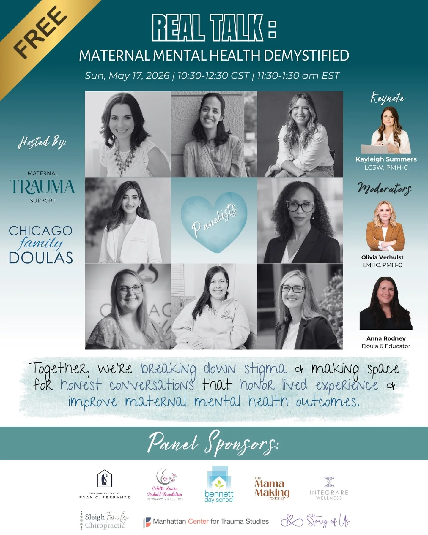 Join @maternaltraumasupport and @chicagofamilydoulas for a FREE Maternal Mental Health Panel on 5/17! 

📅 Sunday, May 17, 2026
🕒 10:30am-12:30pm CST | 11:30am-1:30pm EST
📍 Virtual on Zoom
🎫 Cost: FREE!

Together, we&rsquo;re breaking down stigma 