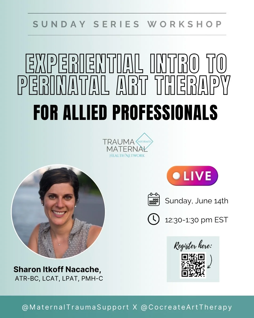 Experiential Intro to Perinatal Art Therapy for Allied Professionals 🤍

Continuing our Sunday Series lineup, join us for an upcoming experiential workshop with guest speaker Sharon Itkoff Nacache, ATR-BC, LCAT, LPAT, PMH-C (@cocreatearttherapy ), to
