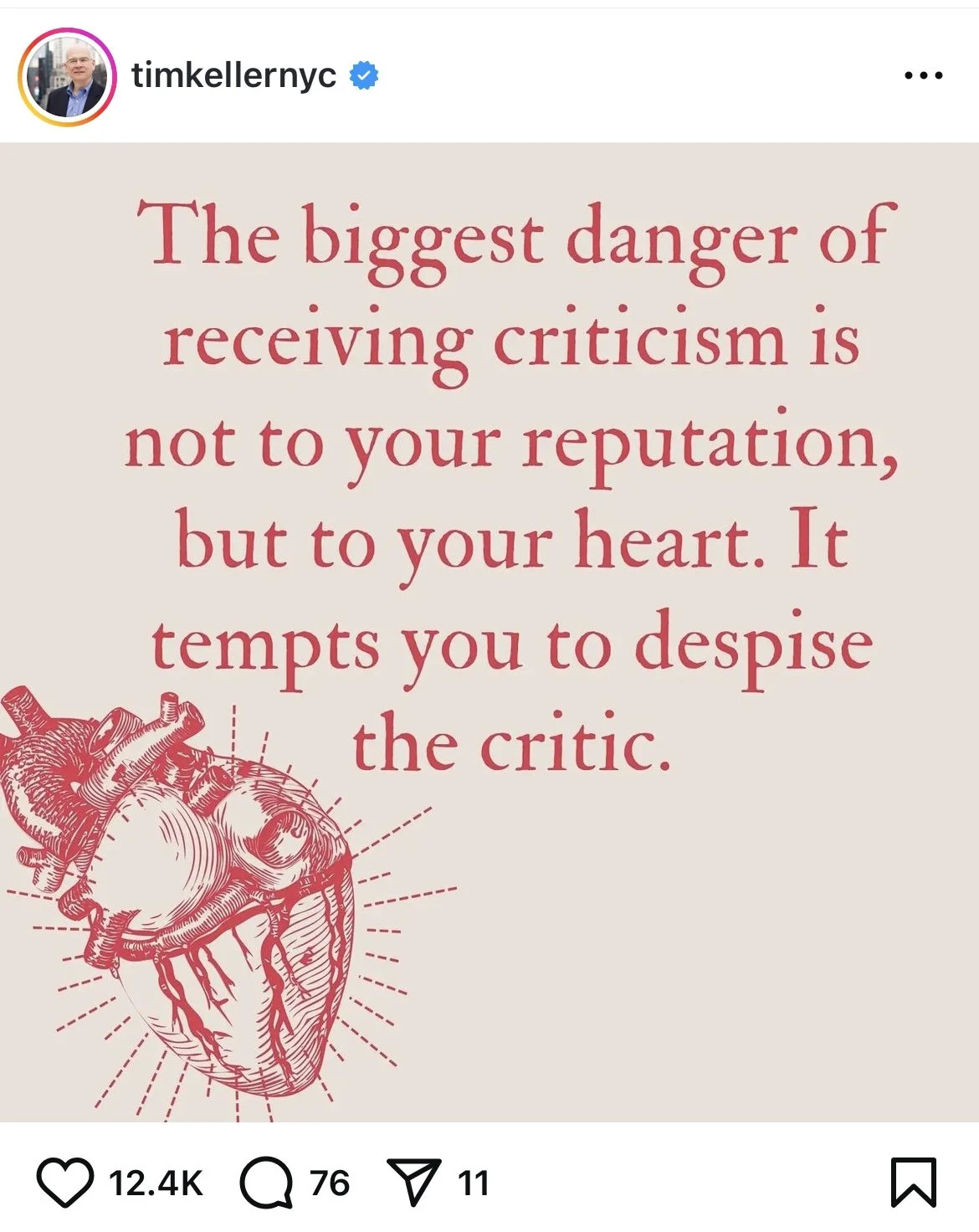Quote about criticism with an illustration of a human heart in red coloring.