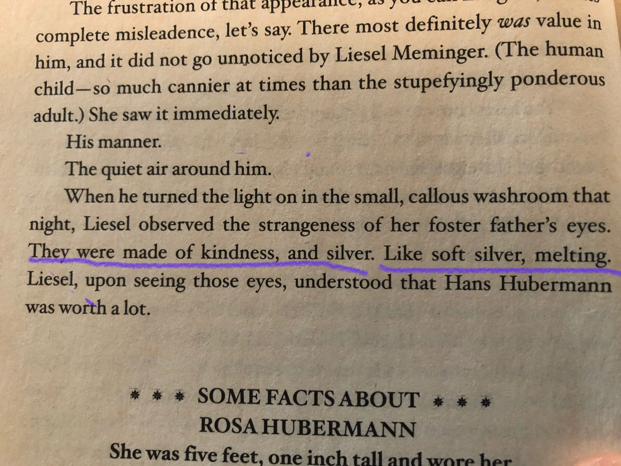 Close-up of a page of a book, showing a paragraph with the sentence "They were made of kindness, and silver. Like soft silver, melting." The text highlights describe the sentence, and the page contains additional text and a section titled "Some Facts