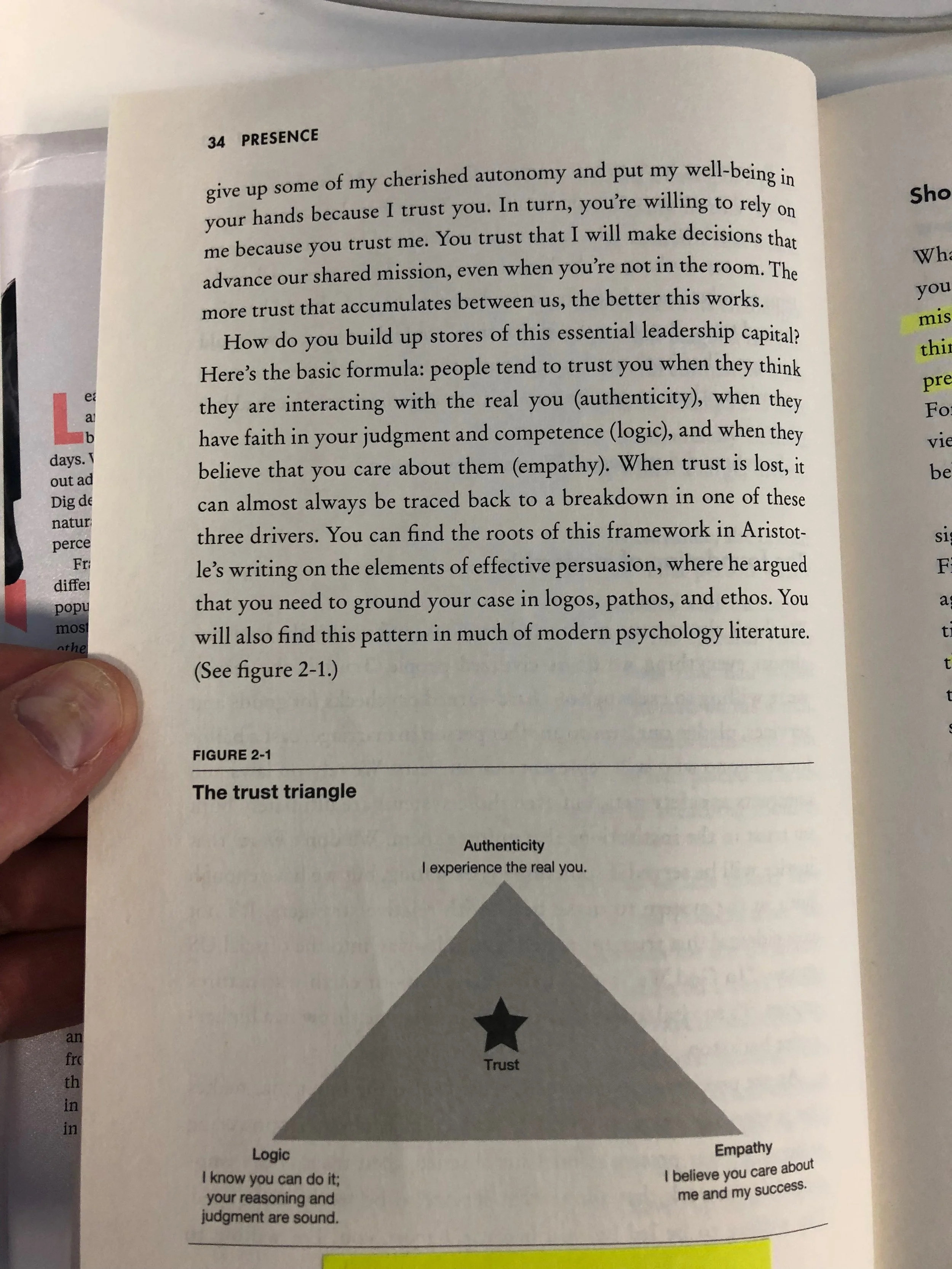 Page from a book discussing trust and leadership, featuring a diagram titled "The trust triangle" with points labeled 'Authenticity,' 'Logic,' and 'Empathy,' forming a triangle with a star at the center labeled 'Trust.'