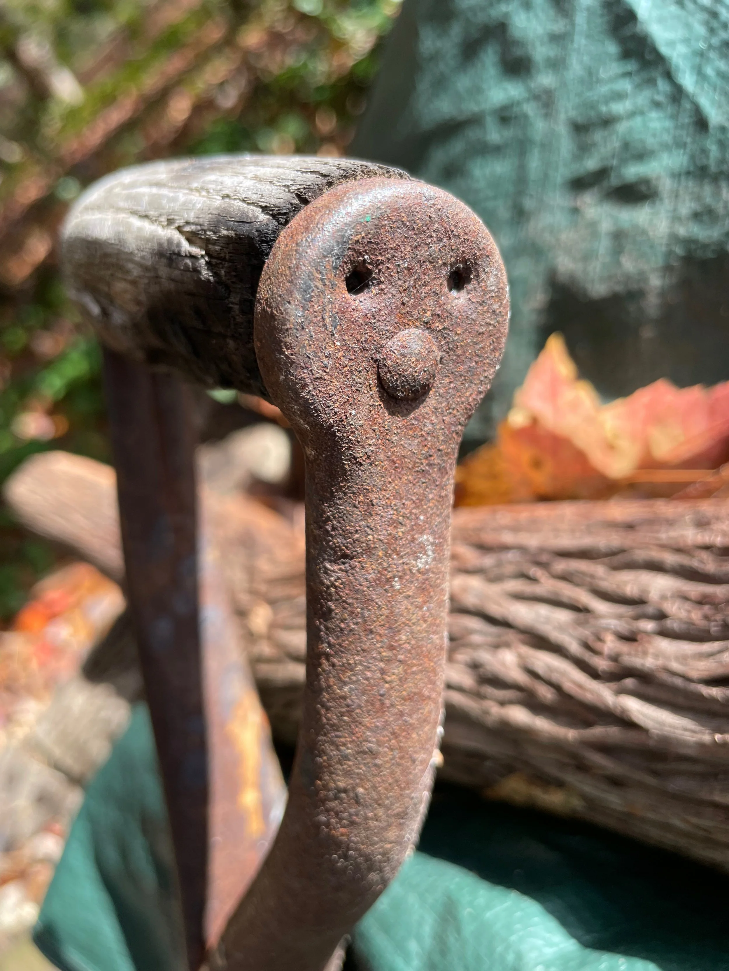 Close-up of a rusty metal fork with a face-like pattern, held by a hand wearing a green glove. In the background, blurred natural outdoor setting with wood and foliage.