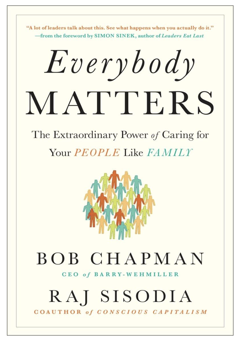 Book cover of "Everybody Matters" by Bob Chapman and Raj Sisodia, featuring a cluster of colorful paper cut-out people.