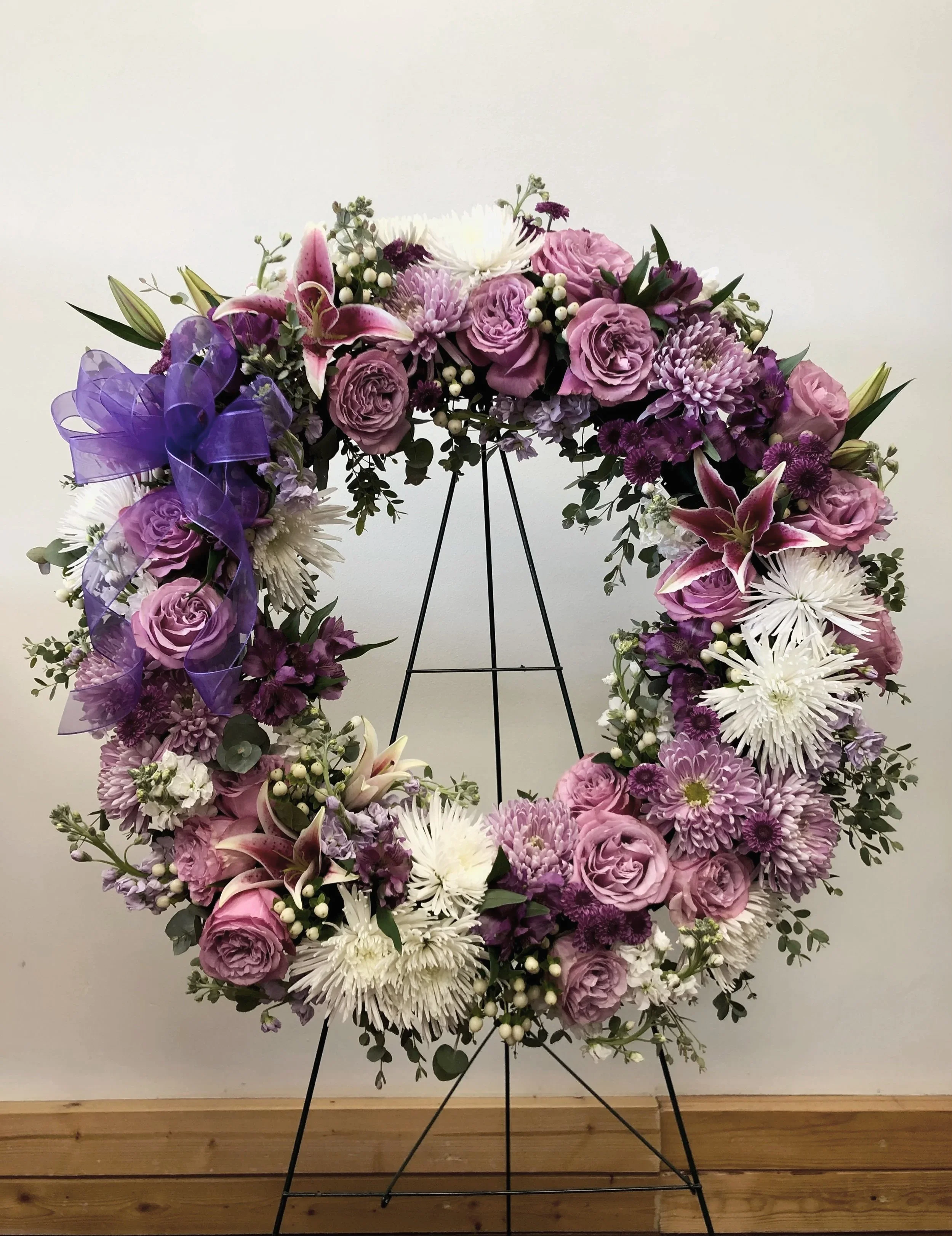 large purple & white wreath
