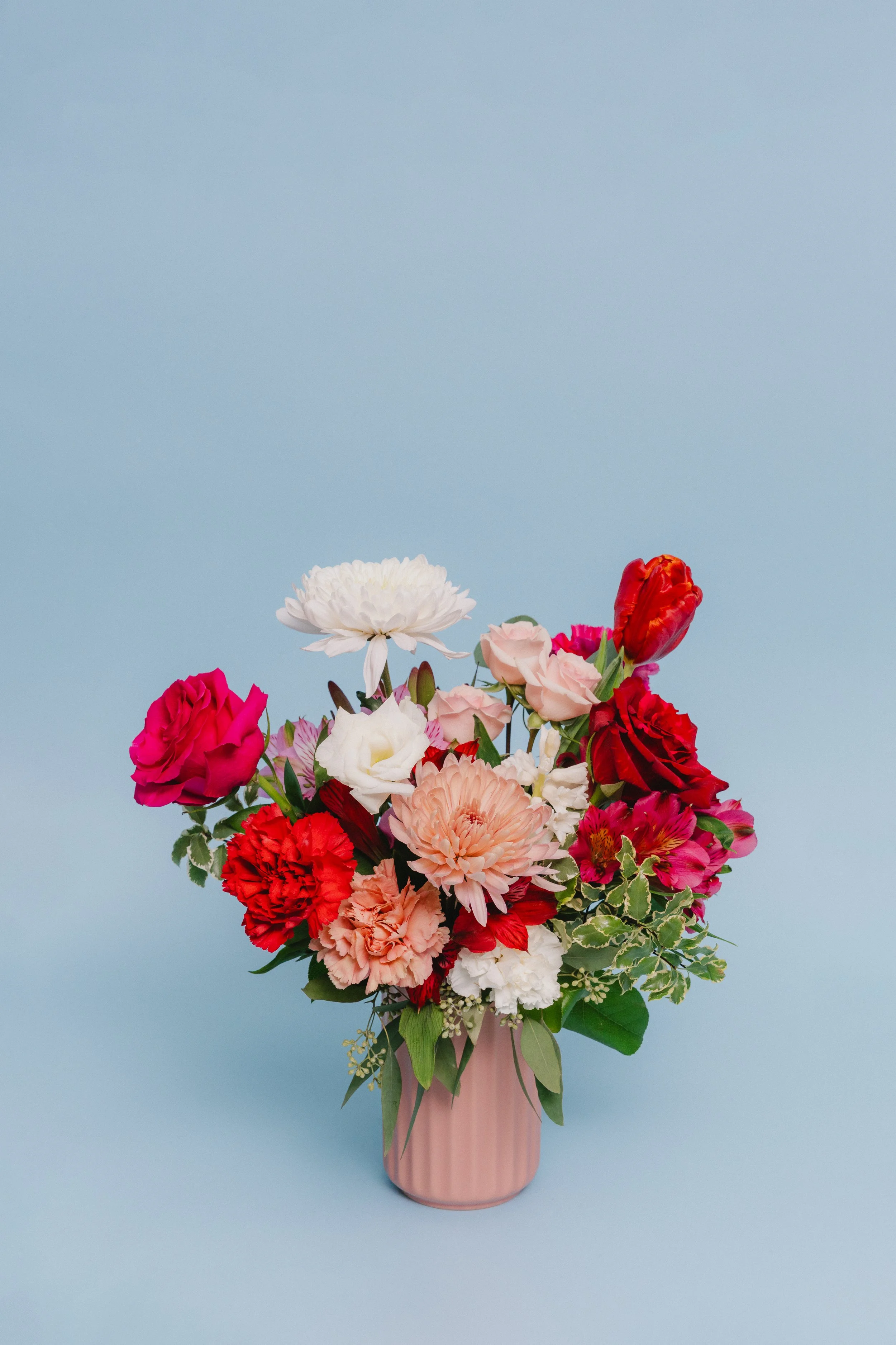 Sweetheart - a really cute small & fluffy bouquet in a soft pink ceramic vase, filled with fresh Valentine varieties. $99.95
*Varieties may vary depending on availability and awesomeness.
