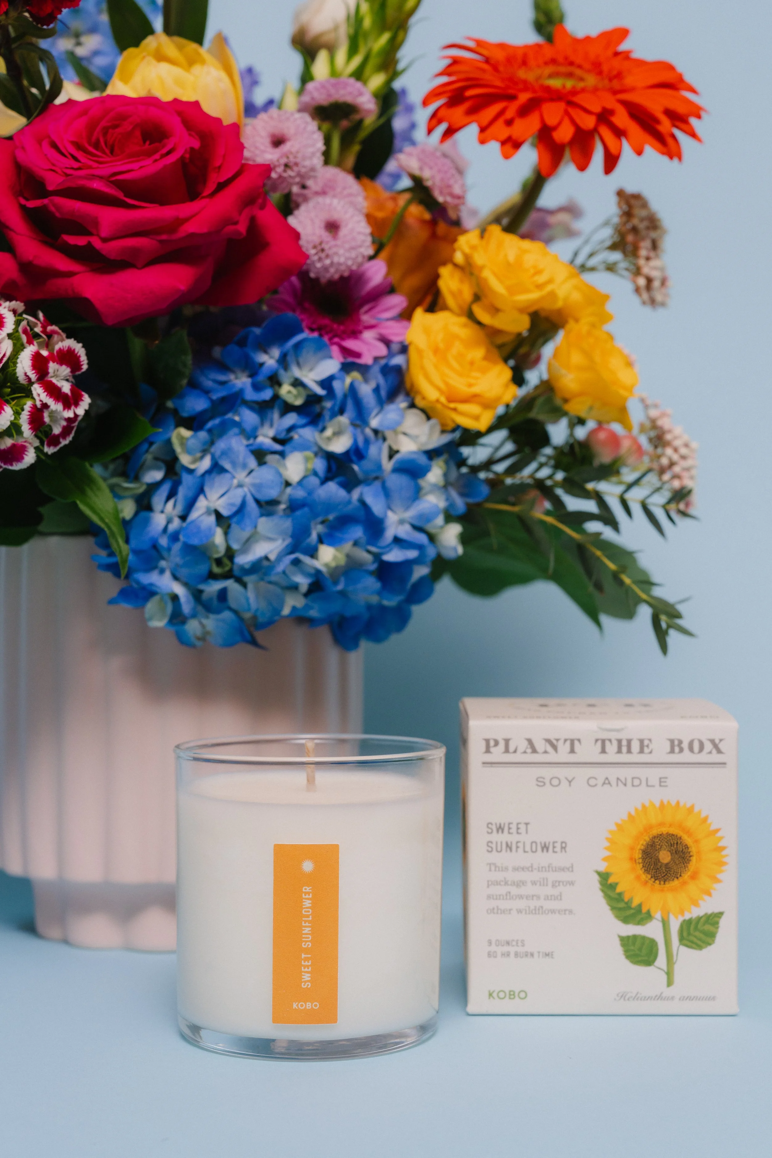 *Add a fragrant Kobo Plant The Box candle to any bouquet order. An amazing 60 hour, clean burning candle cleverly packaged in a seed-infused box complete with instructions for planting!
Currently available in Sunflower, Ripe Tomato Vine, Thyme & Red 