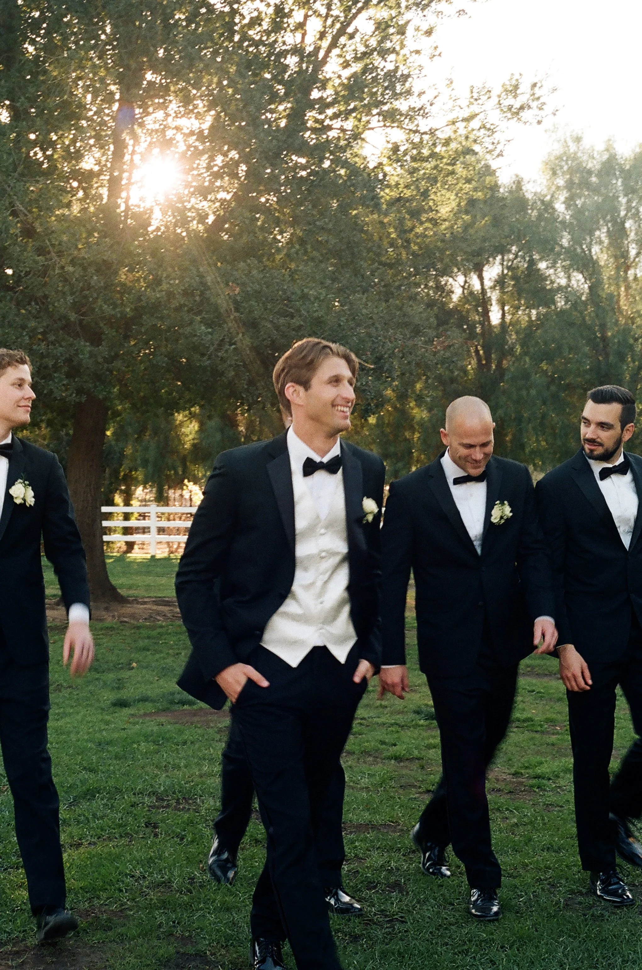 A group of men dressed in black tuxedos with white shirts and black bow ties, holding hands while walking on grass in a park during sunset, with trees in the background.