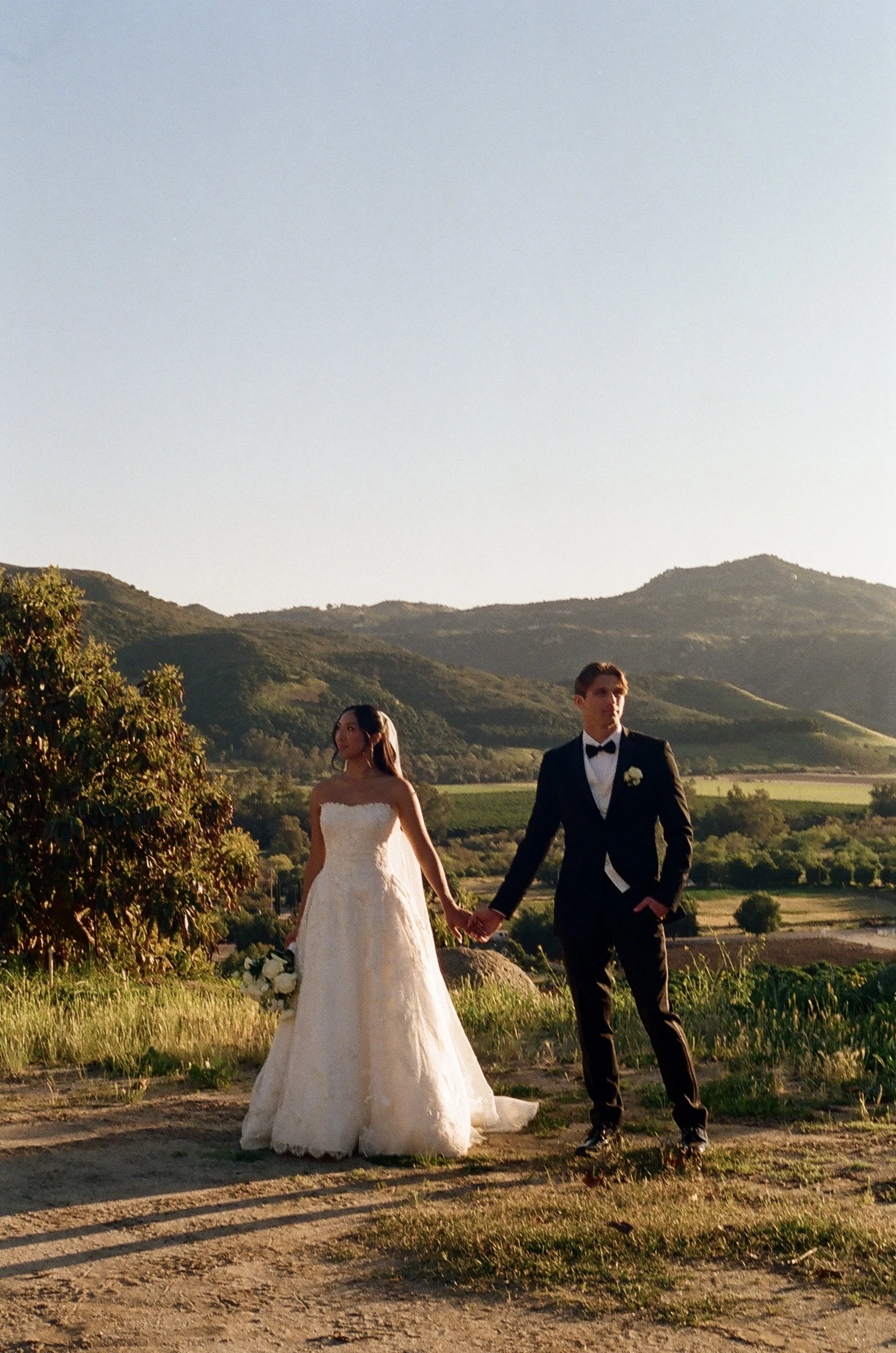 A bride and groom holding hands in a scenic outdoor setting with green rolling hills and mountains in the background during sunset.