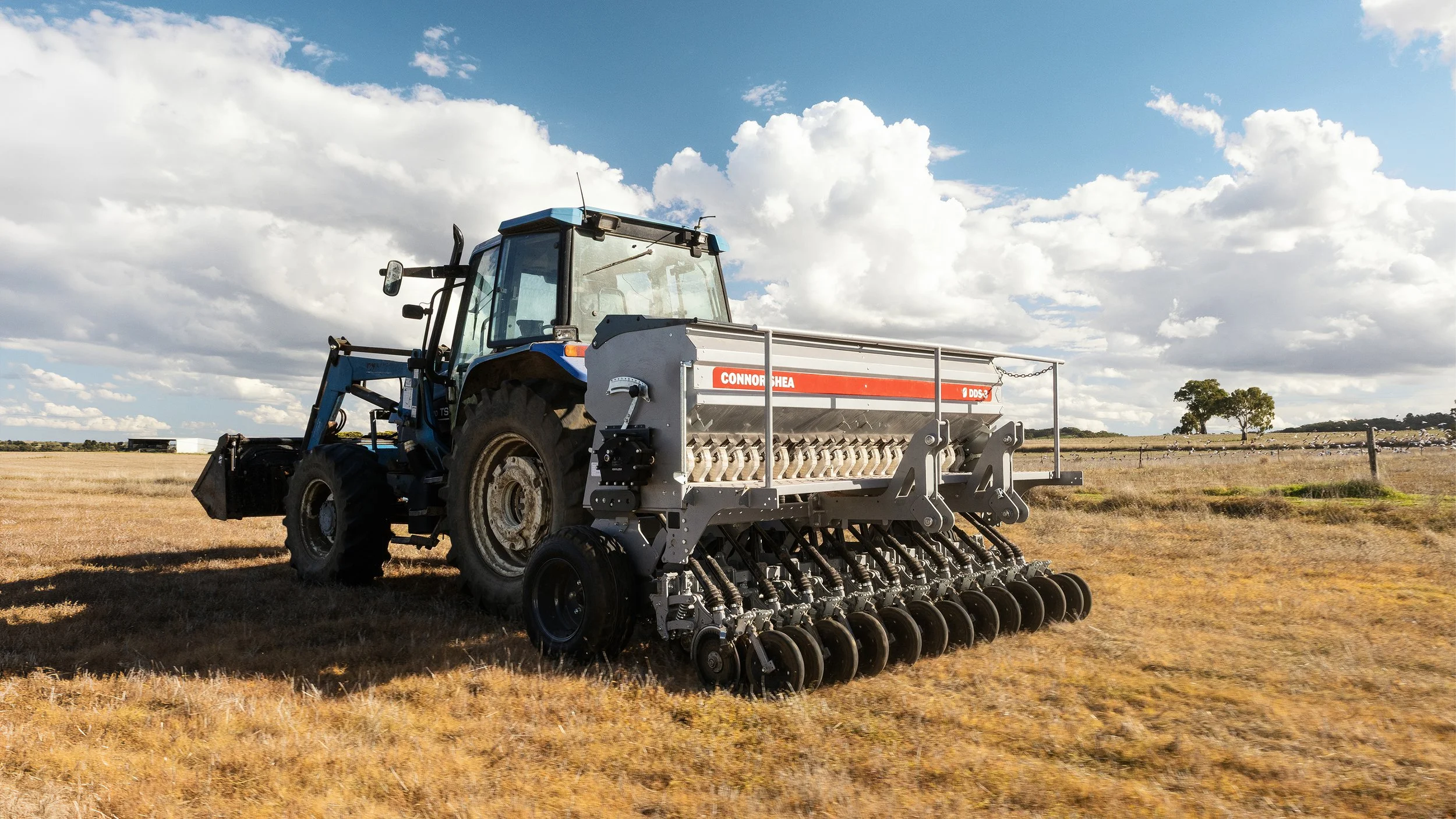 Connor Shea DDS-3 Double Disc Seeder on a farm towed by a blue tractor