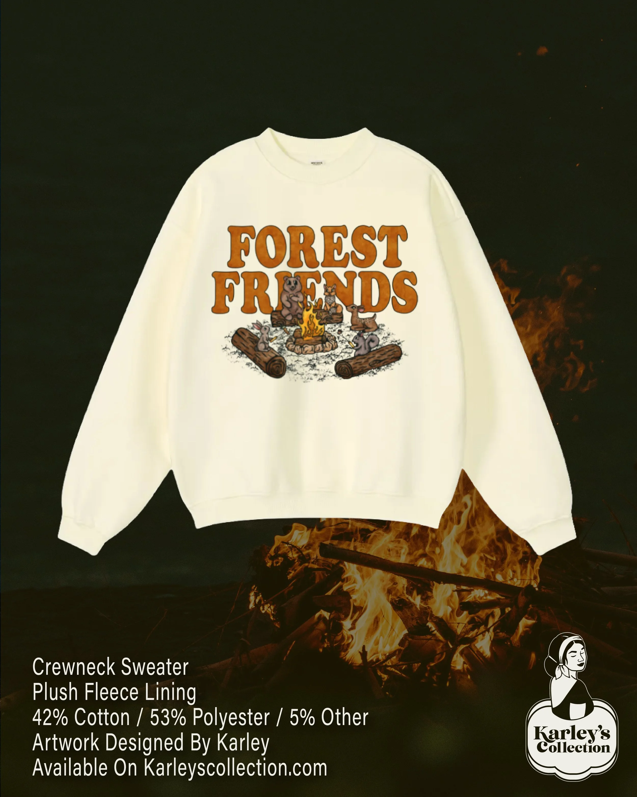 Forest Friends Design on Ribbed Crewneck Sweatshirt