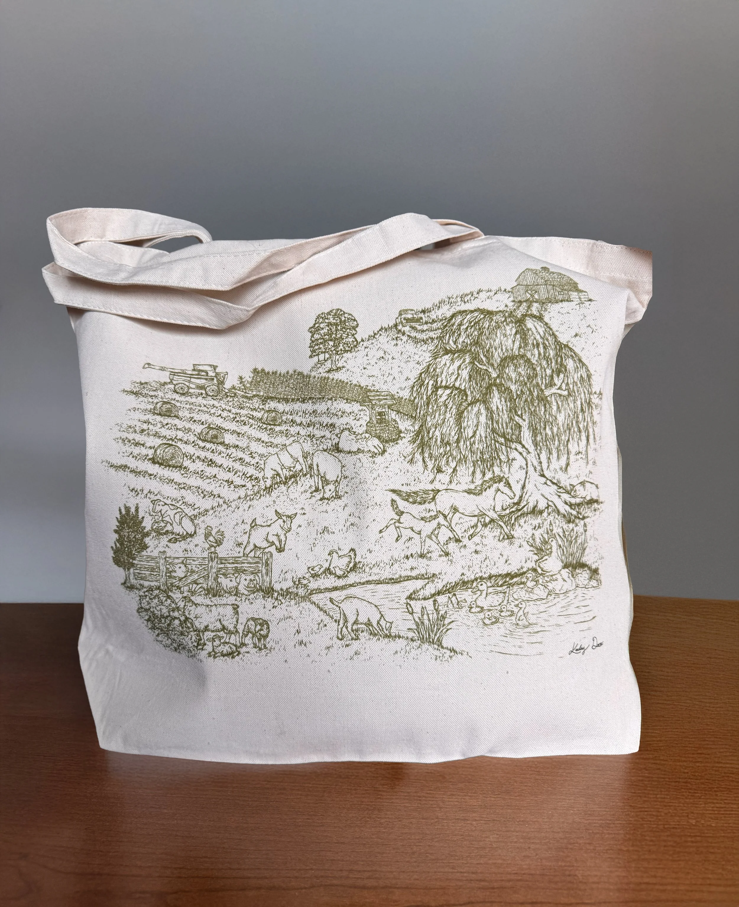 Green outline farm scene  design on canvas tote bag with zipper closure, inside zipper pocket, & flat bottom - for  farmers markets, work, school, groceries, travel or everyday.