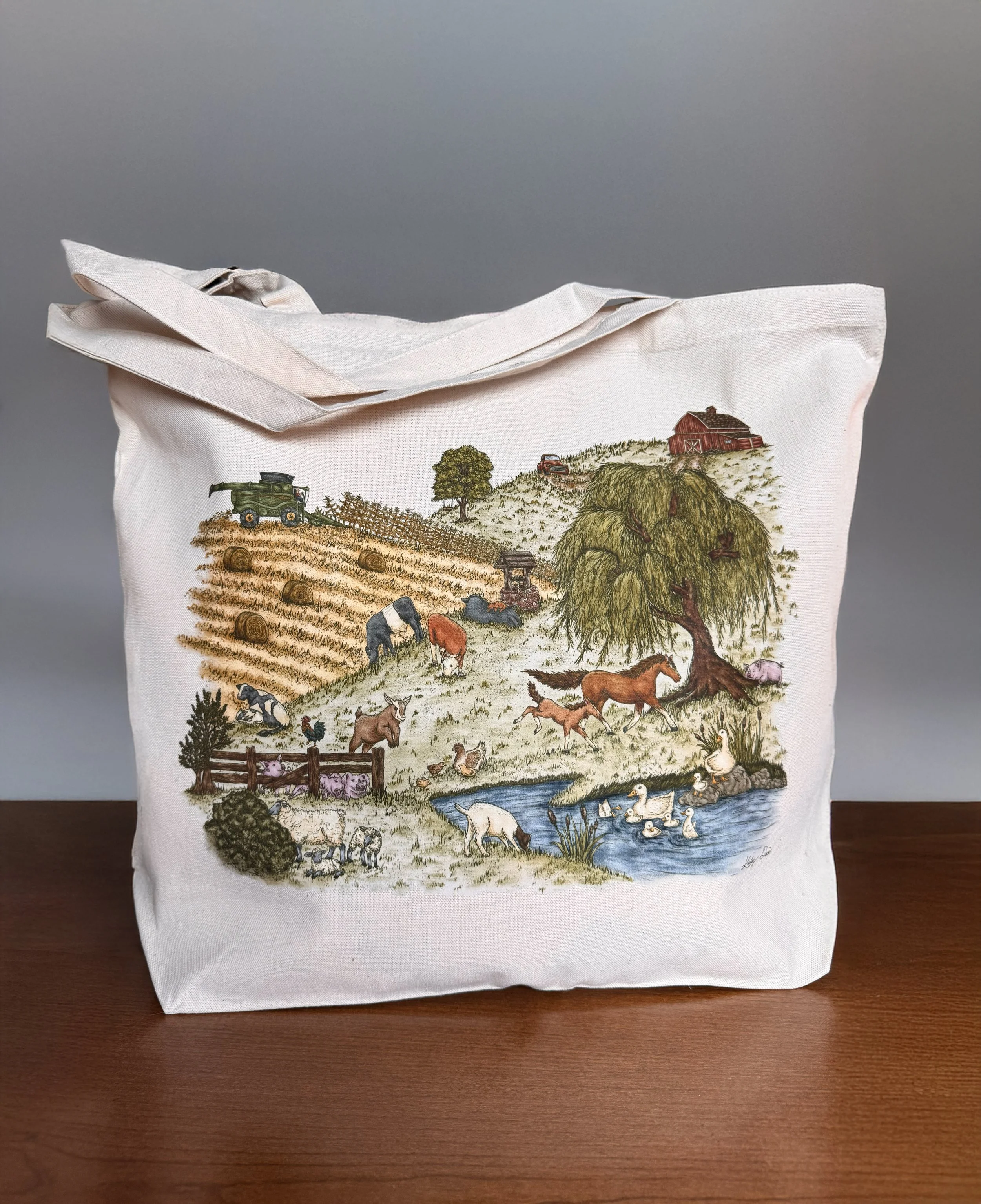 Colorful farm scene  design on canvas tote bag with zipper closure, inside zipper pocket, & flat bottom - for  farmers markets, work, school, groceries, travel or everyday.