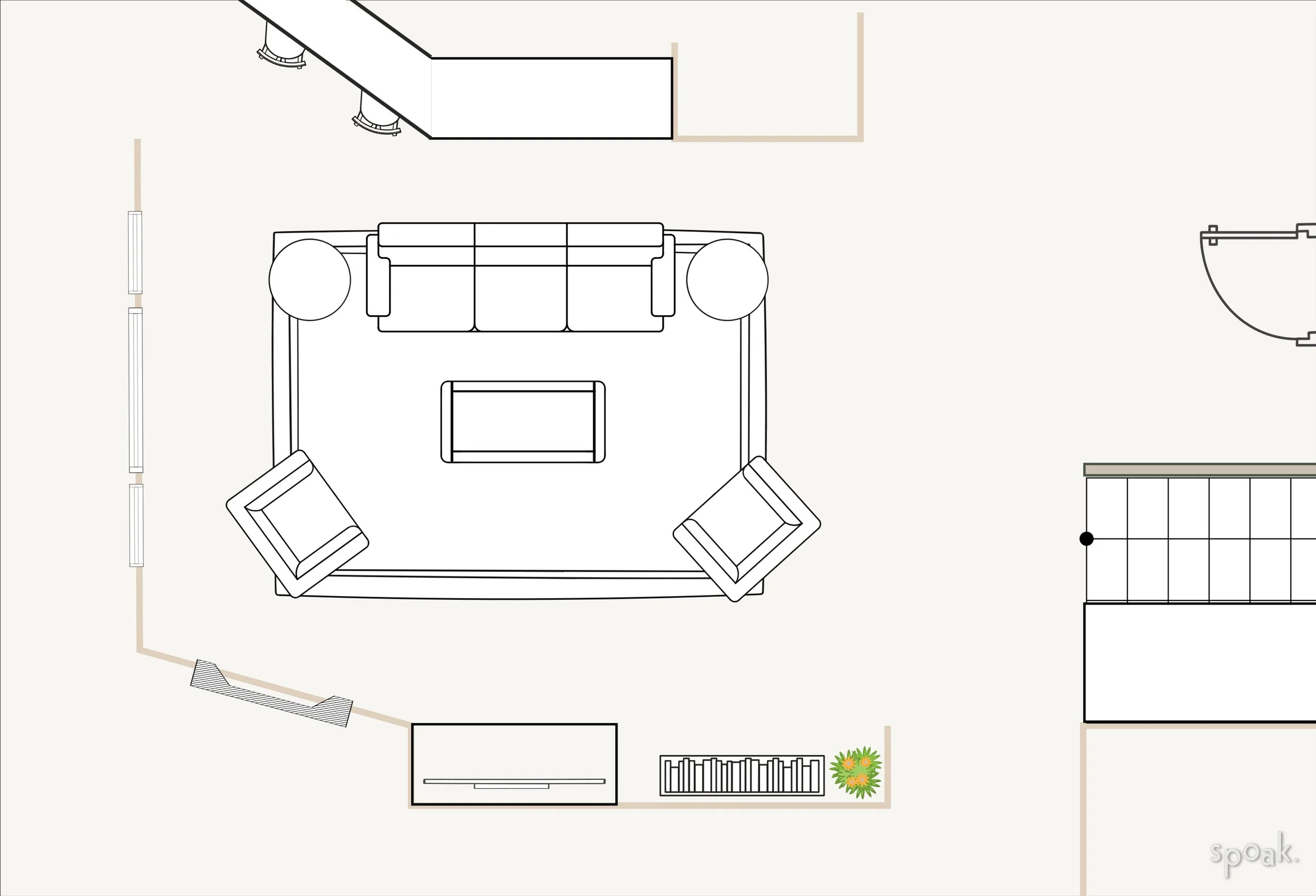Top-down view of a living room with a sofa, two armchairs, a coffee table, and a television, with a bookshelf and a potted plant.