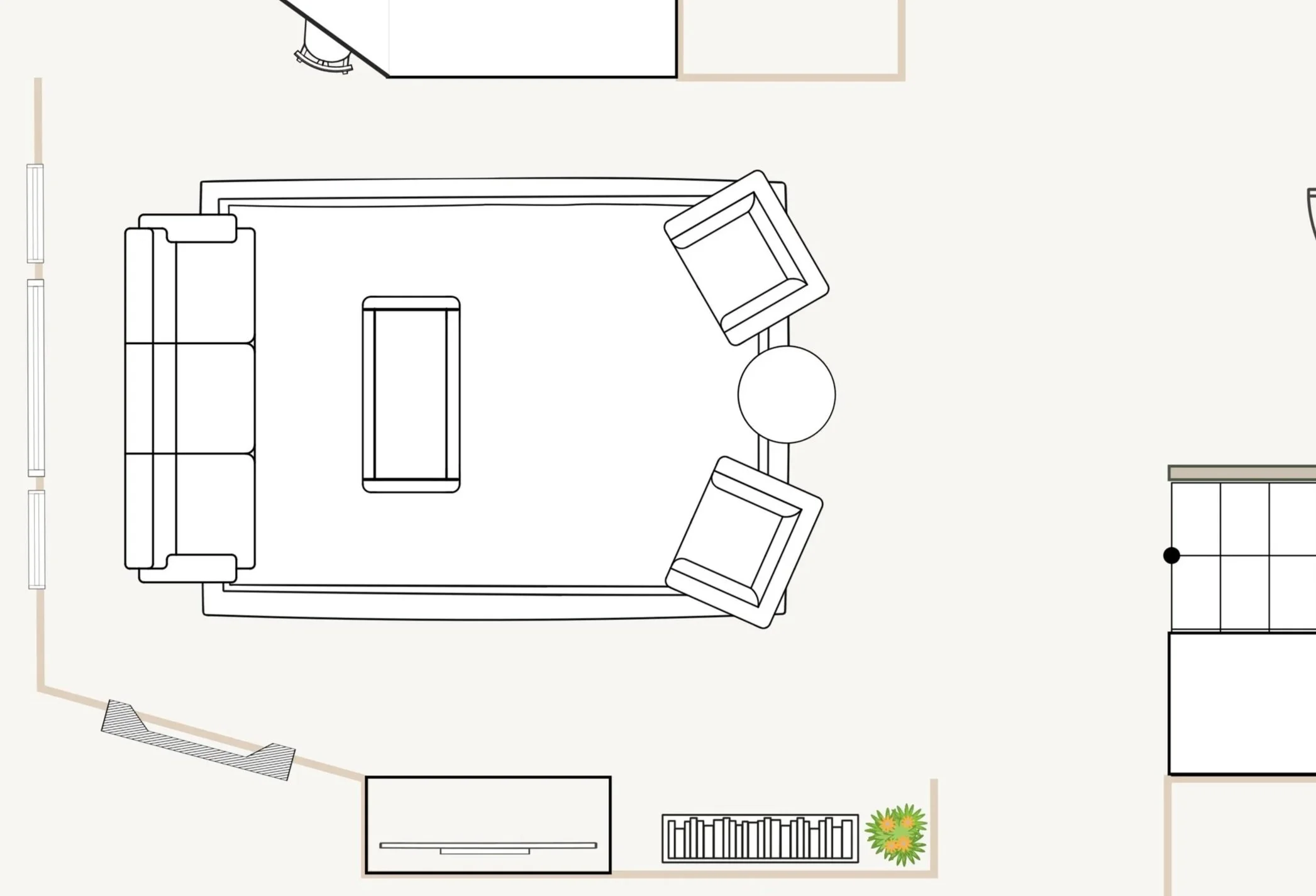 Top-down view of a living room with a sofa, two armchairs, a rectangular coffee table, a TV stand with a TV, a vase with flowers, and a few other furniture pieces.