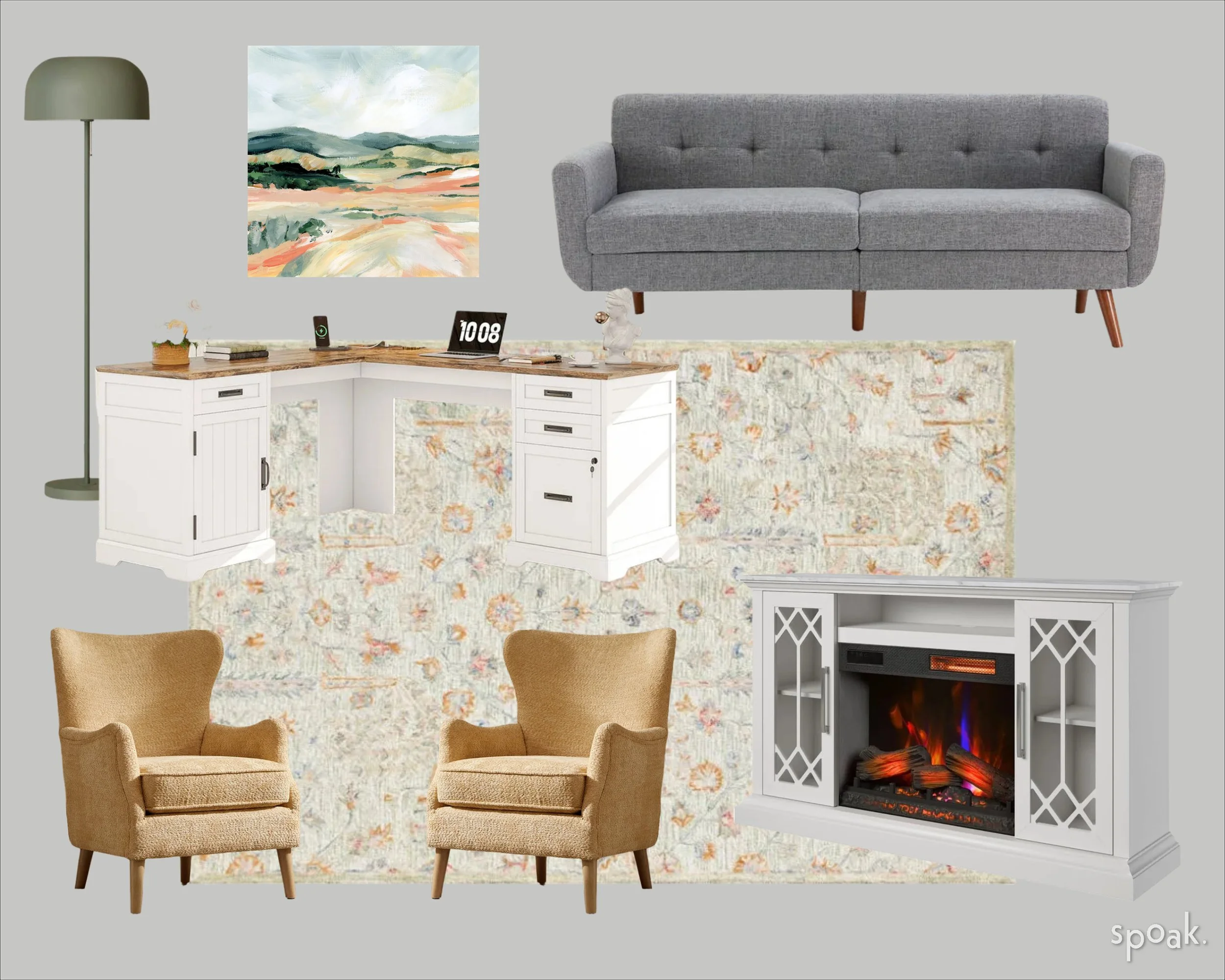 Arrangement of living room furniture including a tall green floor lamp, a colorful landscape painting, a gray sofa, a patterned area rug, a white corner desk, two tan armchairs, and an electric fireplace in a white mantel.
