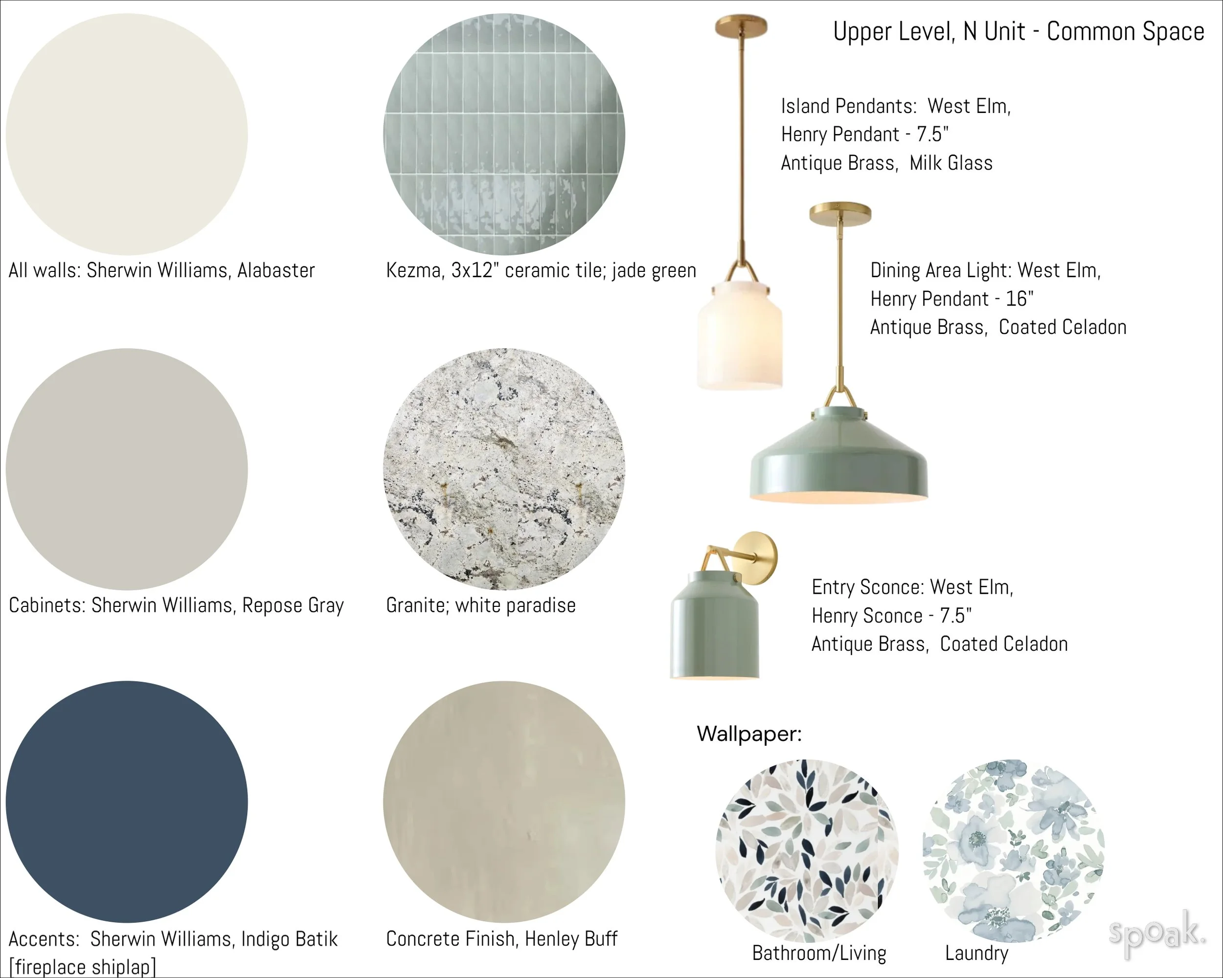 Design palette and specifications for an upper-level common space, including wall colors, tile, countertop, cabinets, wallpaper, and pendant lights across different areas like dining, entry, bathroom, and laundry.