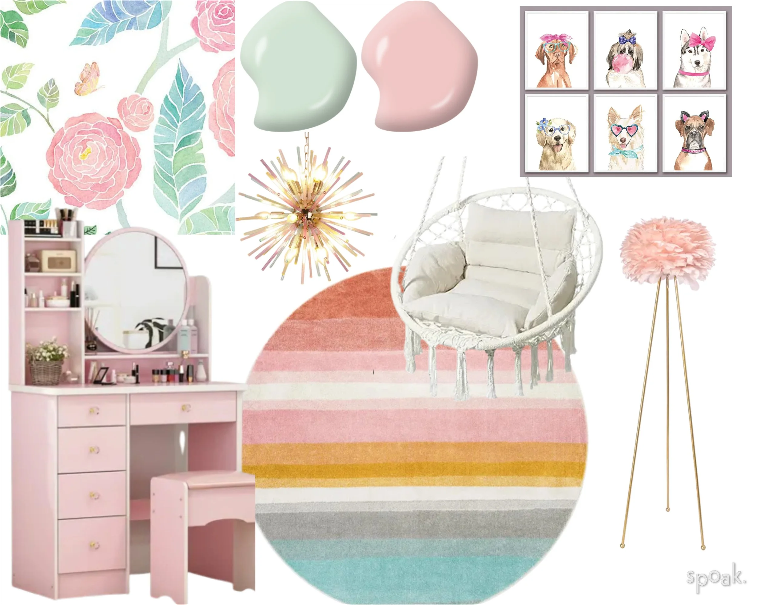 Decorative collage featuring a pink vanity with mirror and stool, a pastel rainbow rug, hanging white swing chair with cushions, a pink feather floor lamp, a floral wallpaper pattern, a framed dog portrait collage with six dogs wearing bows and glass