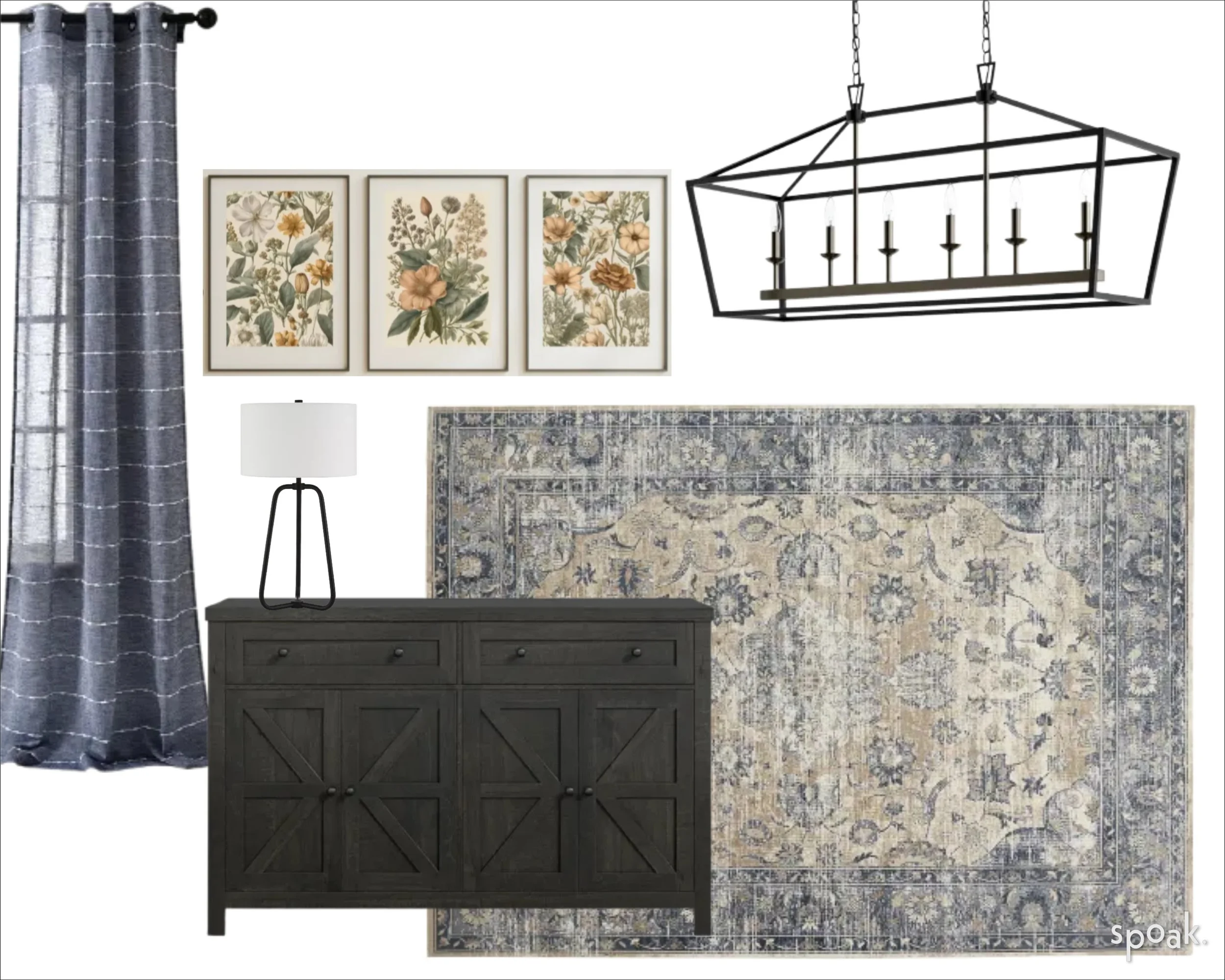 A modern living room corner with a dark wooden sideboard, a table lamp, framed botanical prints on the wall, a patterned area rug, a metallic curtain, and a black geometric chandelier hanging from the ceiling.