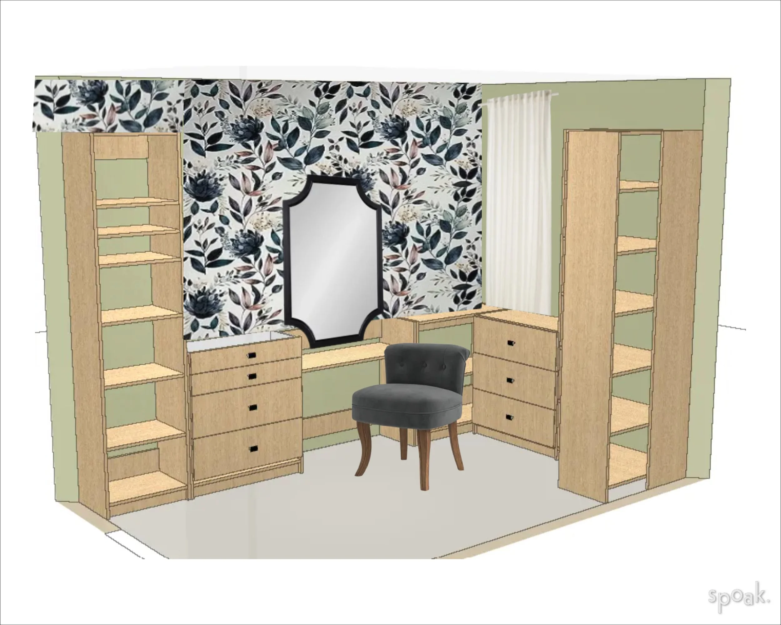 Interior room with built-in wooden shelves, drawers, and a mirror on a floral wallpaper accent wall, with a black upholstered chair and white curtains.