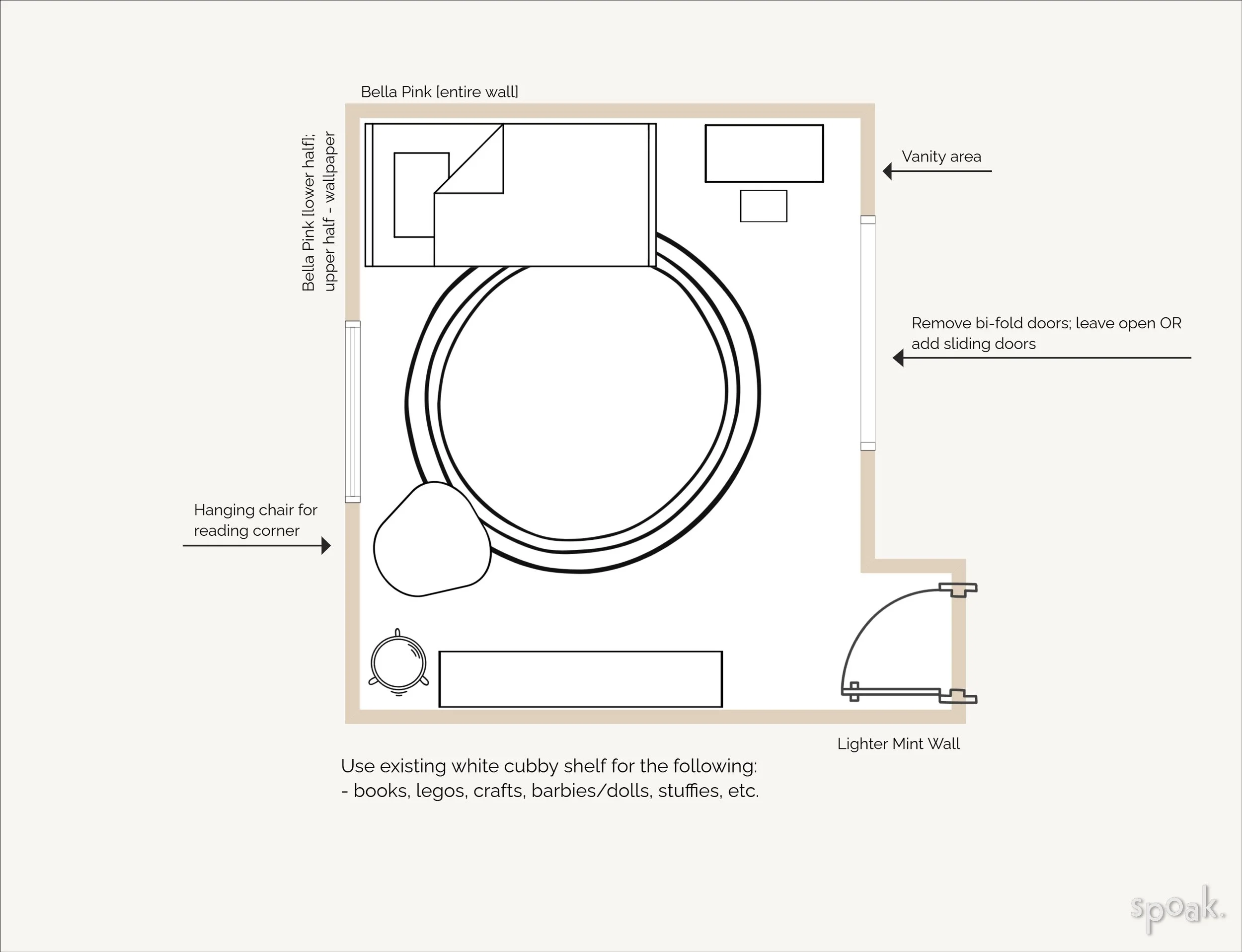 A detailed room layout with labeled features including a vanity area, a hanging chair for reading, a white cubby shelf for books and crafts, bi-fold or sliding doors, and a lighter mint wall. The room has a semi-circular shape with furniture and inst