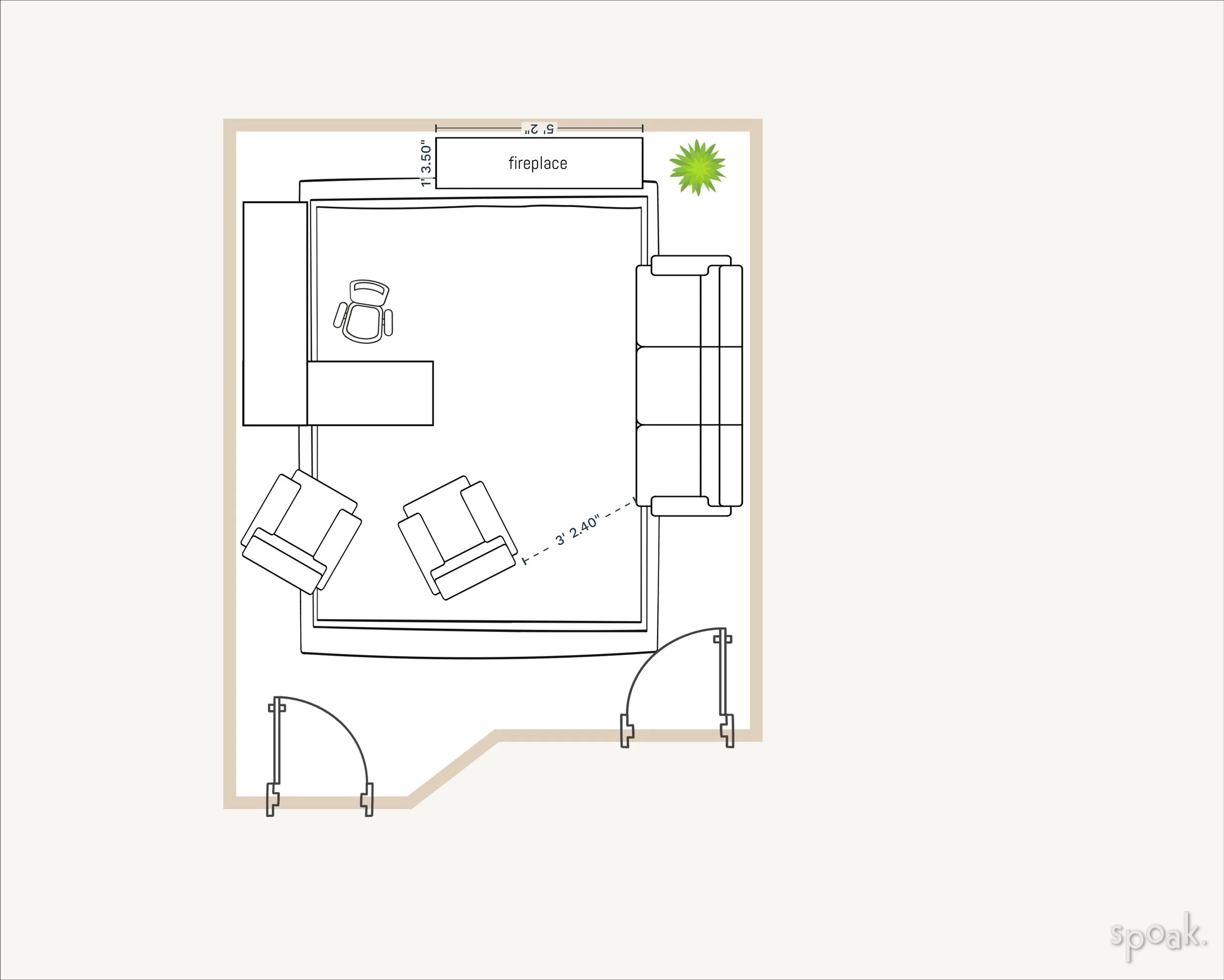 Floor plan of a living room with a sofa, two armchairs, a desk with a chair, a fireplace, two doors, and a small plant.