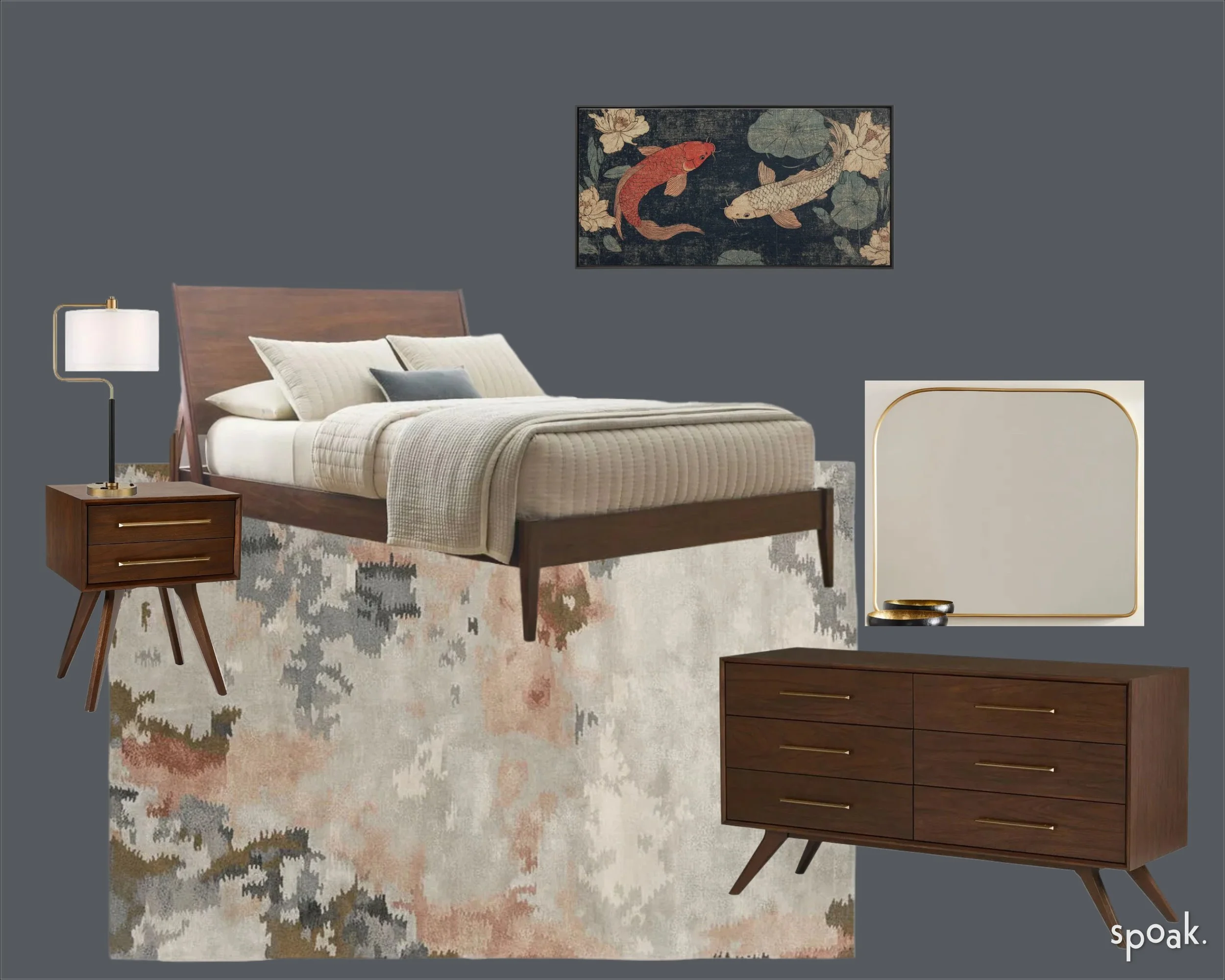 A coordinated bedroom with dark gray walls, a wooden bed with light beige bedding, a wooden nightstand with a white lamp, a wooden dresser with gold handles, a shadow box mirror with a gold frame, a fish-themed wall art, and a patterned area rug.