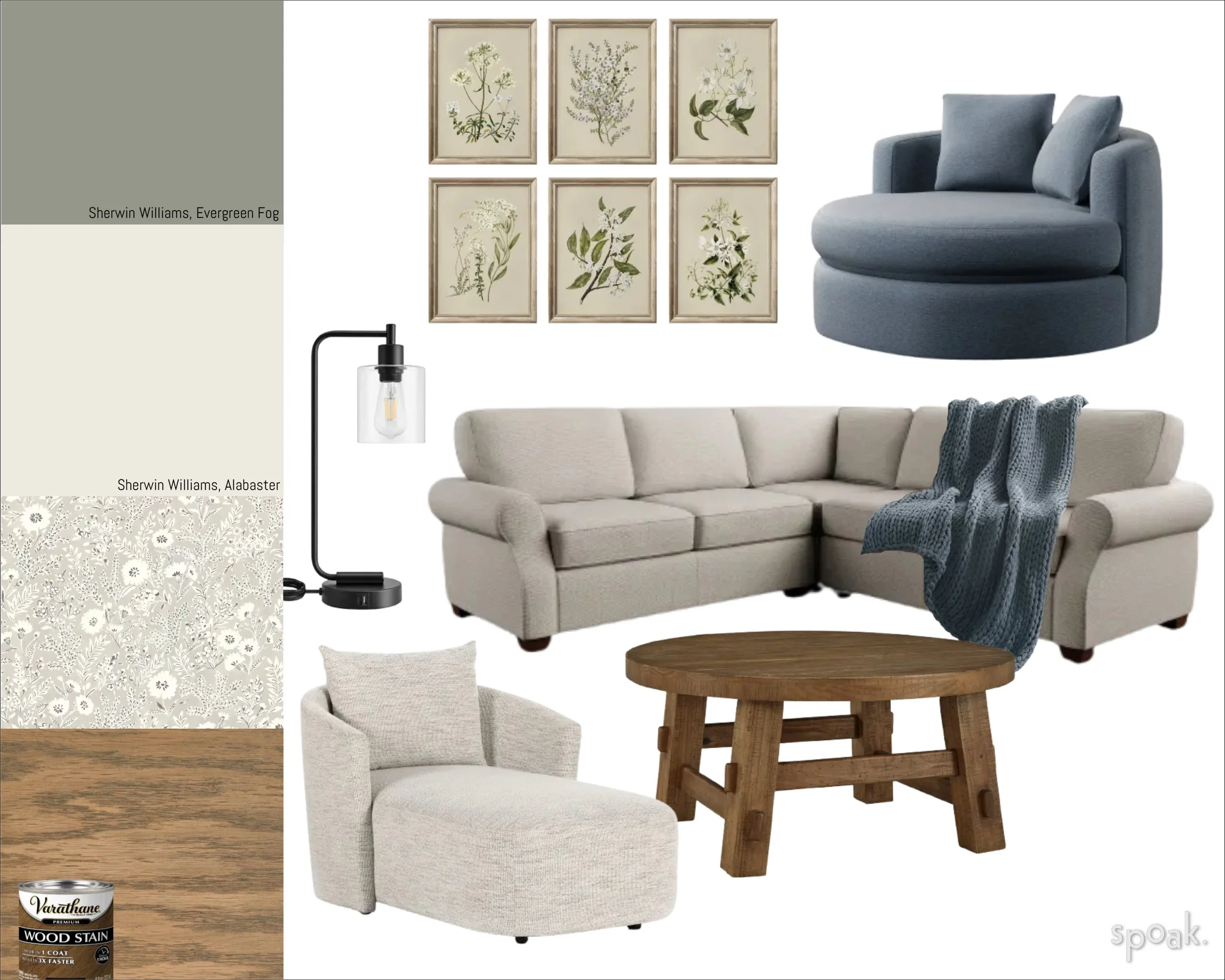 Interior living room furniture and decor with neutral tone sofas, a blue accent chair, botanical artwork, a black table lamp, a wooden coffee table, throw blankets, pillows, and interior paint and wood stain color palette samples.