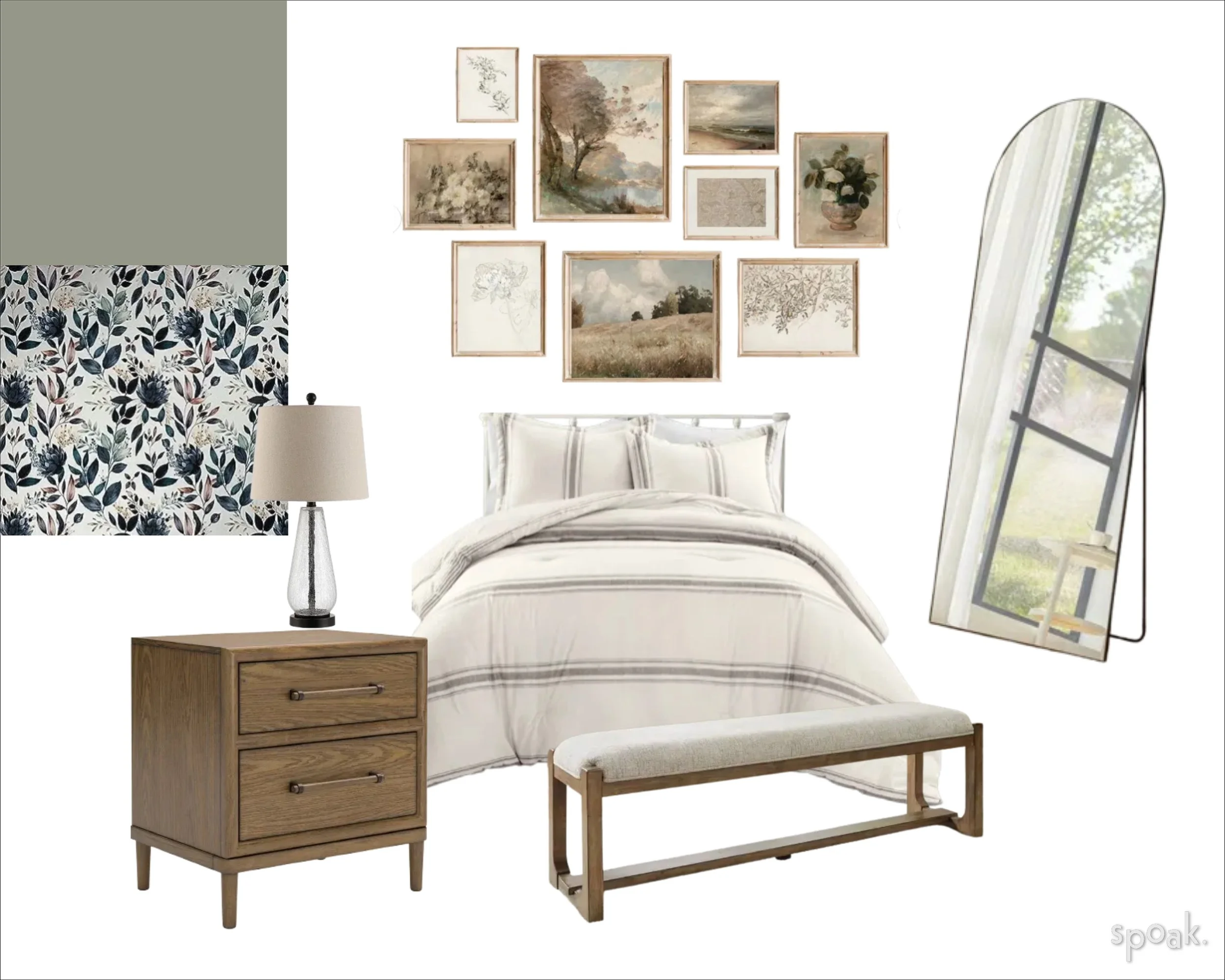 A bedroom with a white bed, wooden nightstand, table lamp, large leaning mirror, gallery wall of nine framed pictures including landscapes and botanical art, a bench at the foot of the bed, a floral accent wall, and a window with sheer curtains.