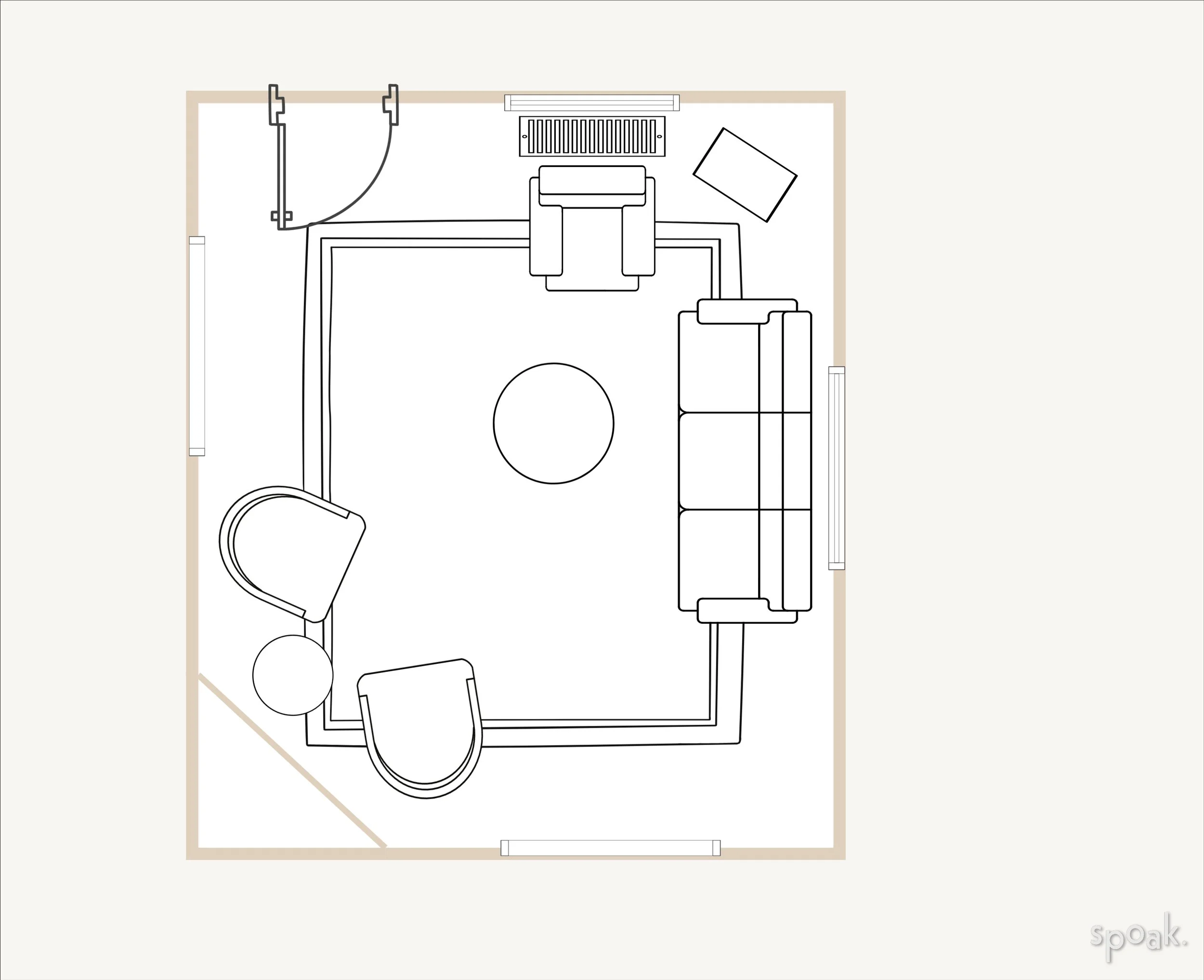 Top-down view of a living room with a sofa, two chairs, a round coffee table, a side table, a television, and a door.