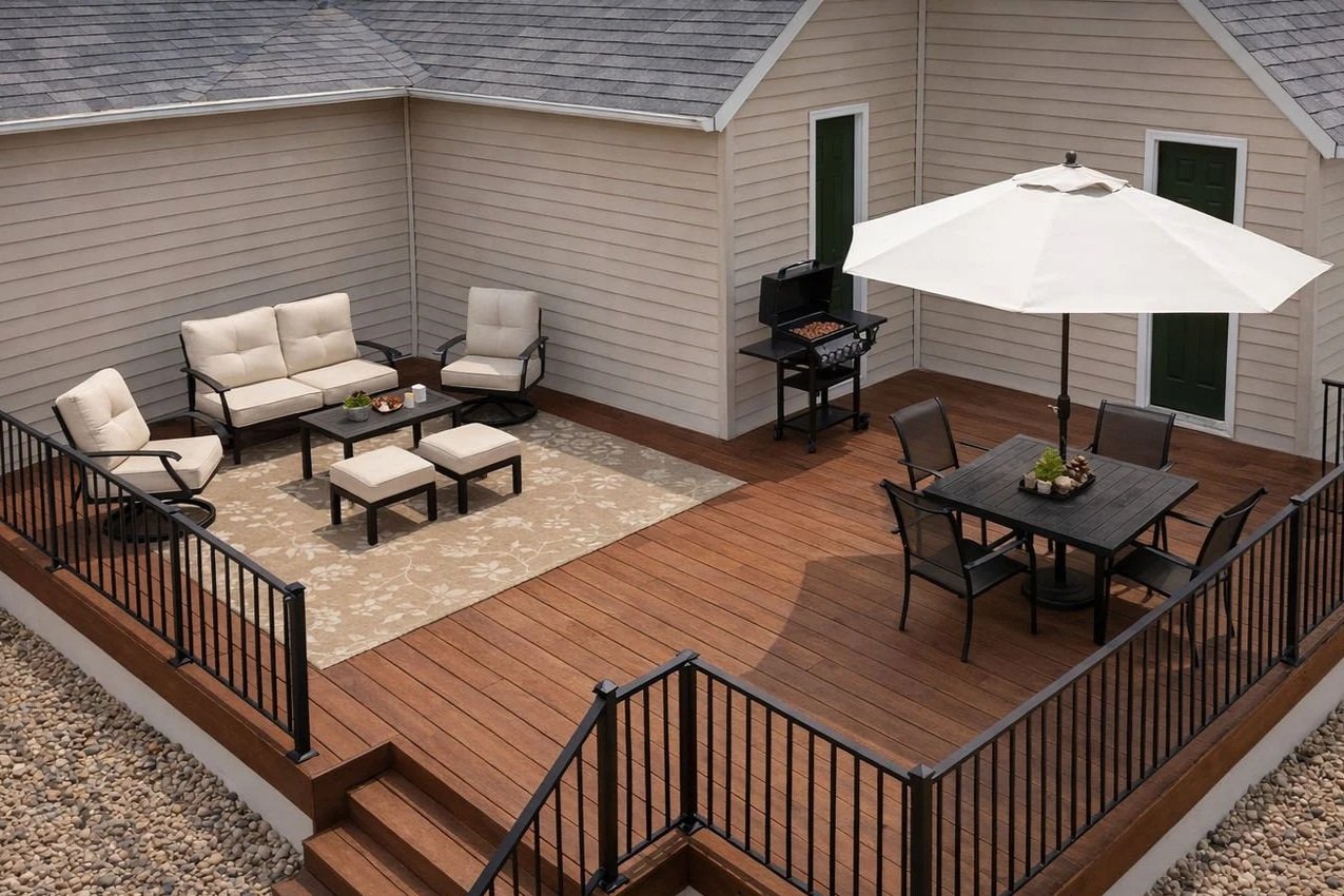 A wooden outdoor deck with patio furniture, including a dining table with an umbrella, a seating area with chairs, a couch, and a barbecue grill, enclosed by black metal railing.