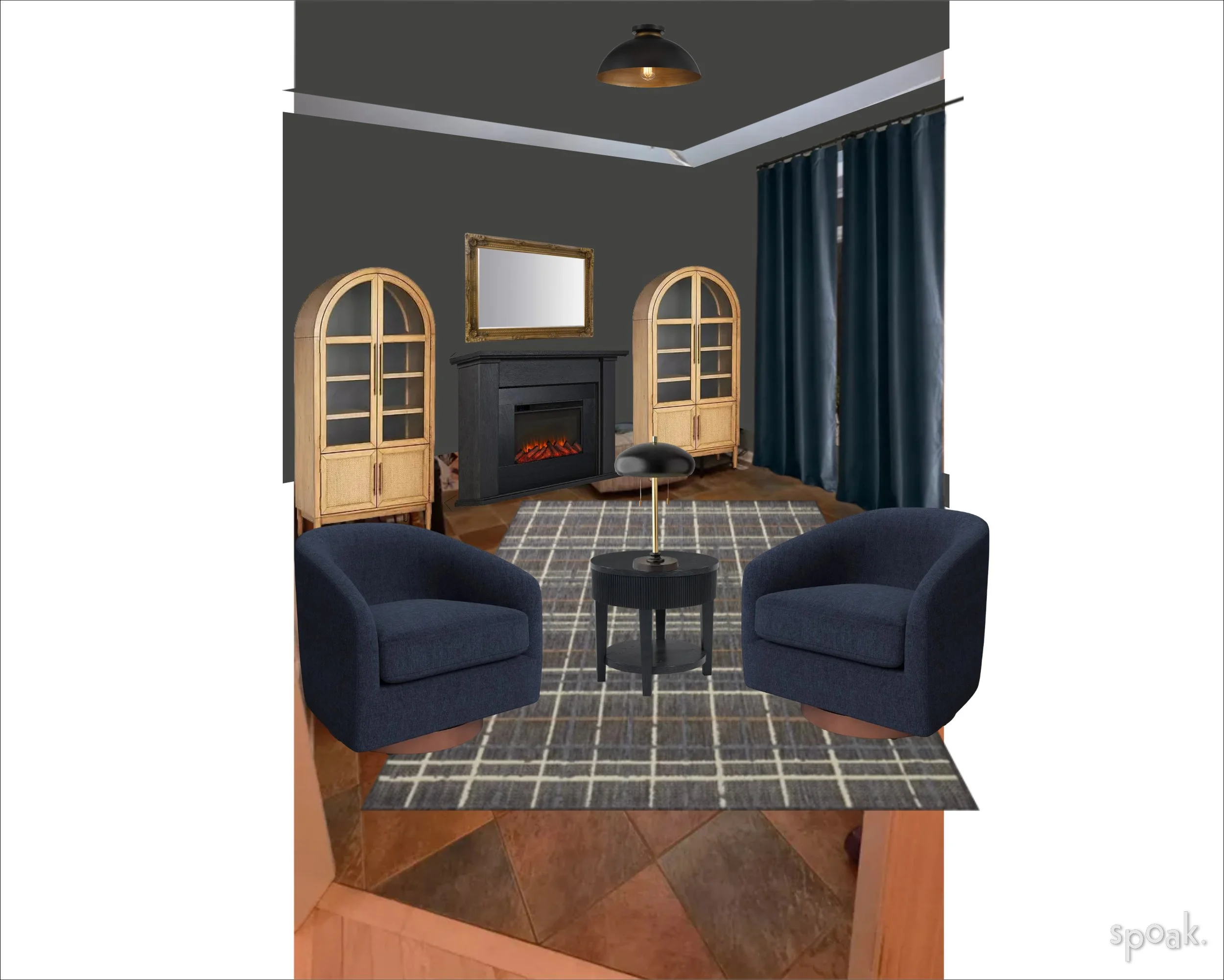 A cozy living room with dark gray walls, a black fireplace, blue armchairs, a small black side table with a lamp, a plaid rug, two wooden display cabinets, a large mirror, and dark blue curtains.