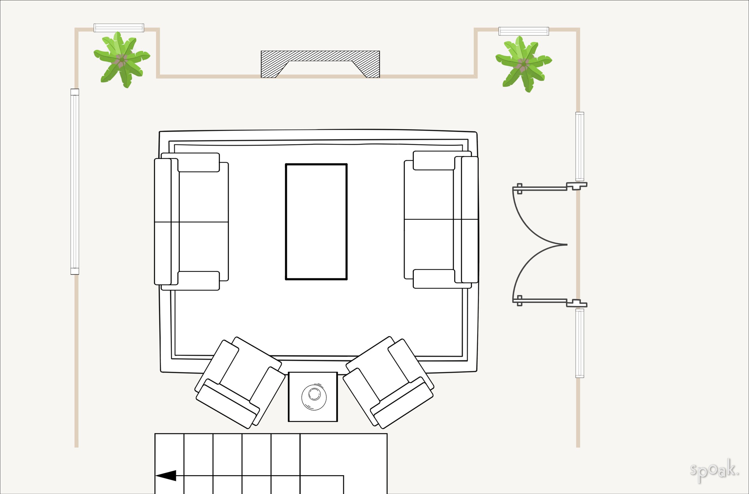 A top view of a living room layout with two green potted plants, a sofa set with a coffee table, two armchairs, and a large rug. There are double doors on the right side and windows on the top side.