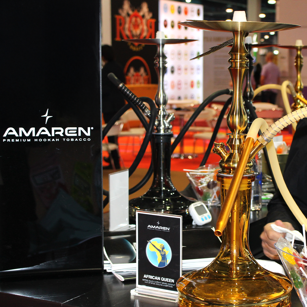 Hookah display with Amaren branding at a trade show