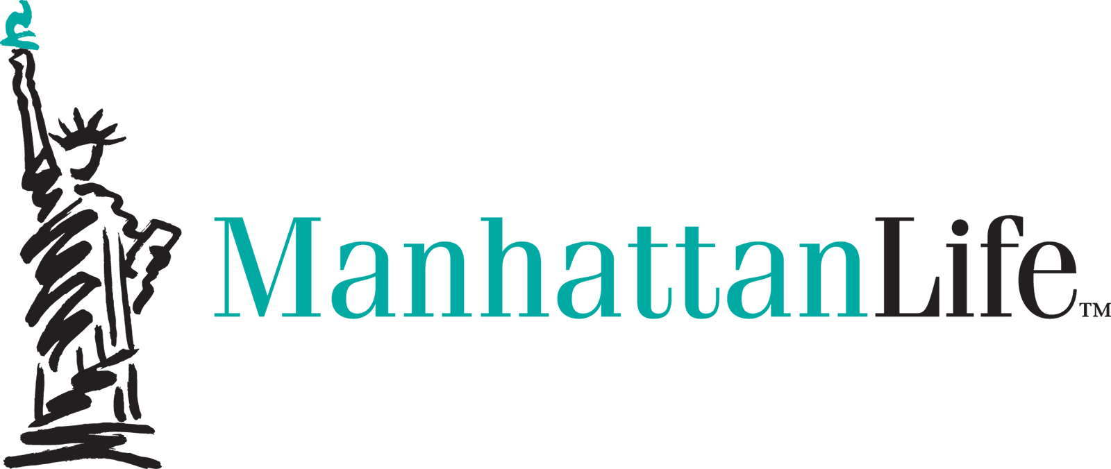 Logo for Manhattan Life insurance company featuring a black stylized torch and the company name in blue and black text.