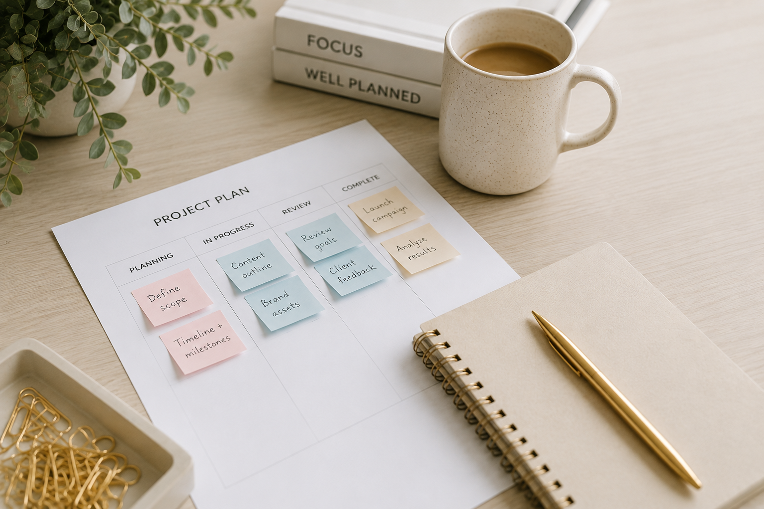 Desk with post its and items
