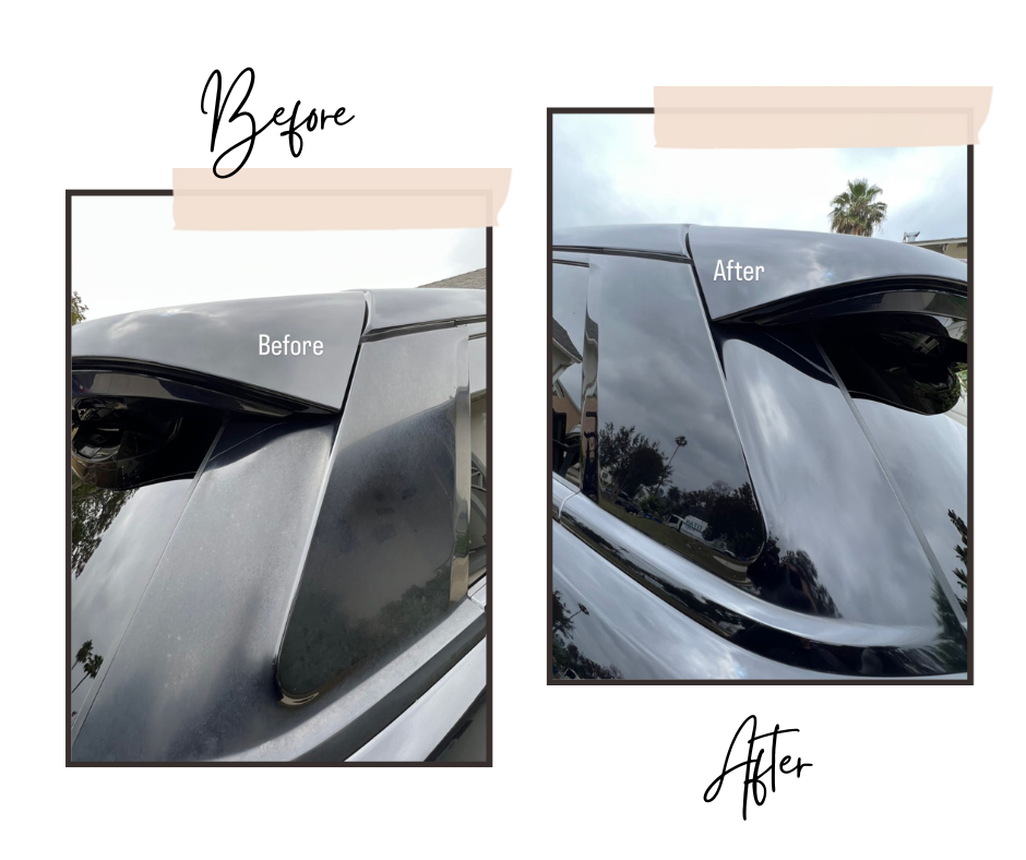 Comparison of a black car's paint before and after polishing, with the after image showing a shinier, more reflective surface.